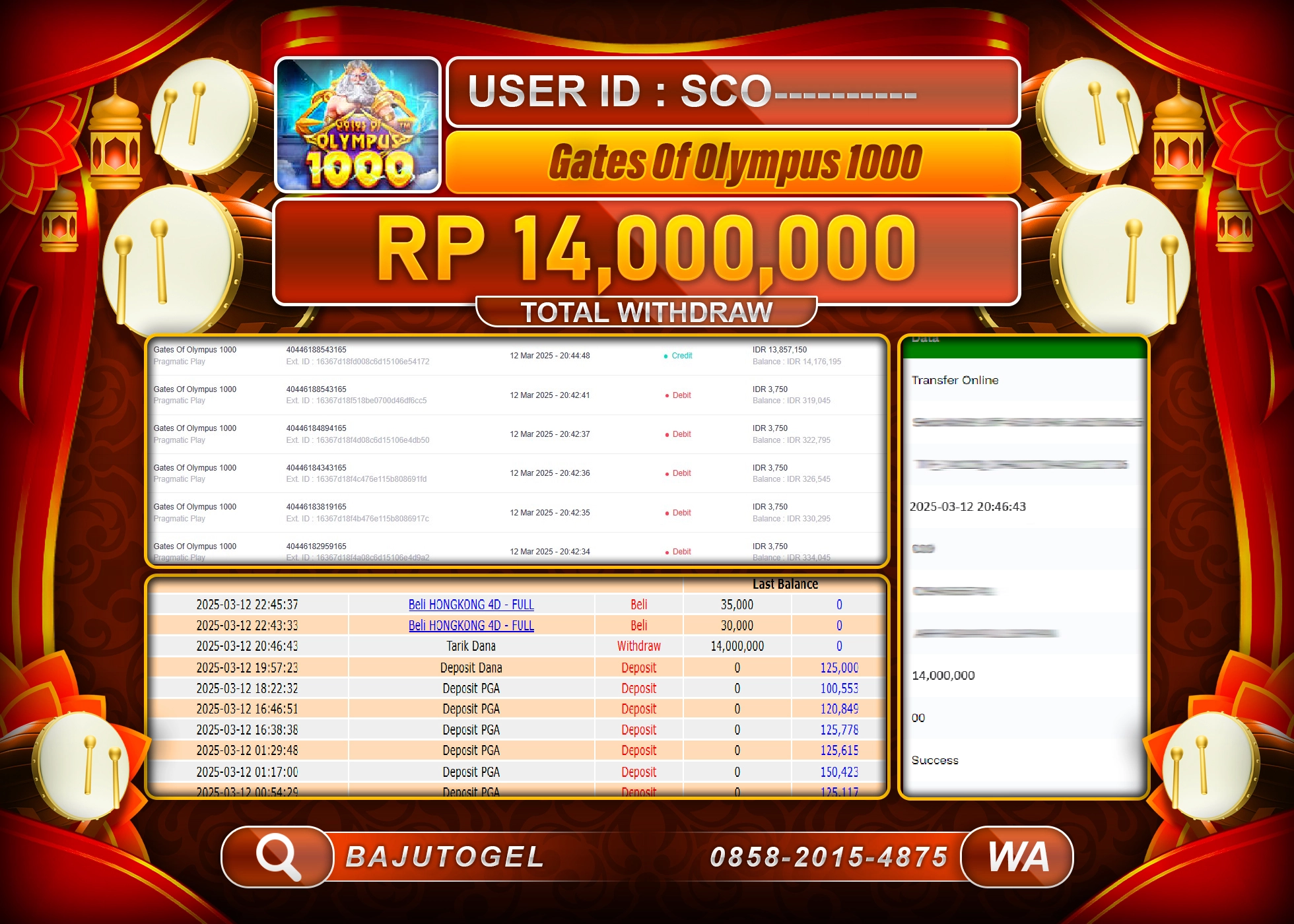 BAJUTOGEL KEMENANGAN GATES OF OLYMPUS 1000 Rp.14.000.000 LUNAS