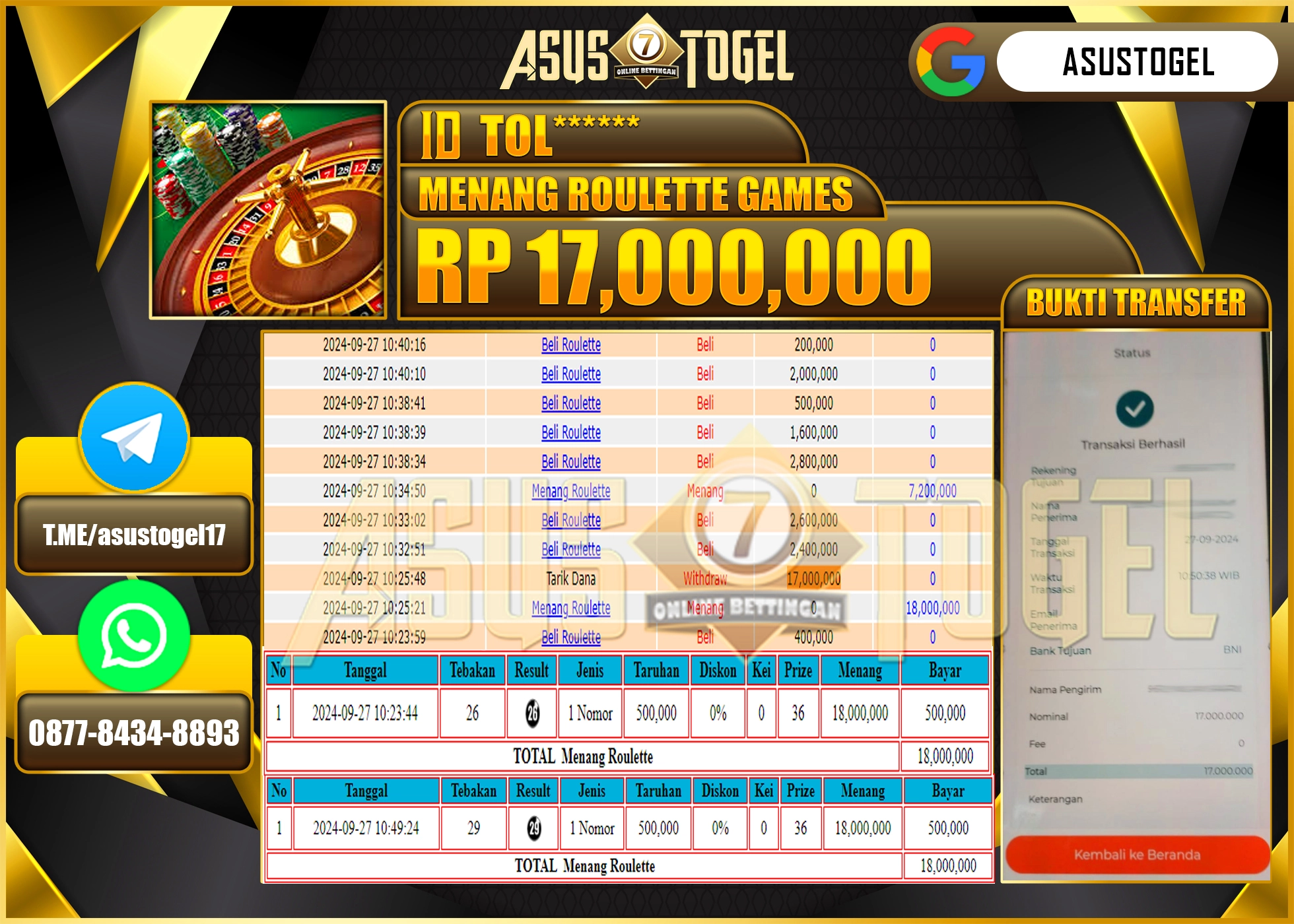 ASUSTOGEL KEMENANGAN DI PERMAINAN ROULETTE GAMES SEBESAR 17,000,000- RUPIAH LUNAS
