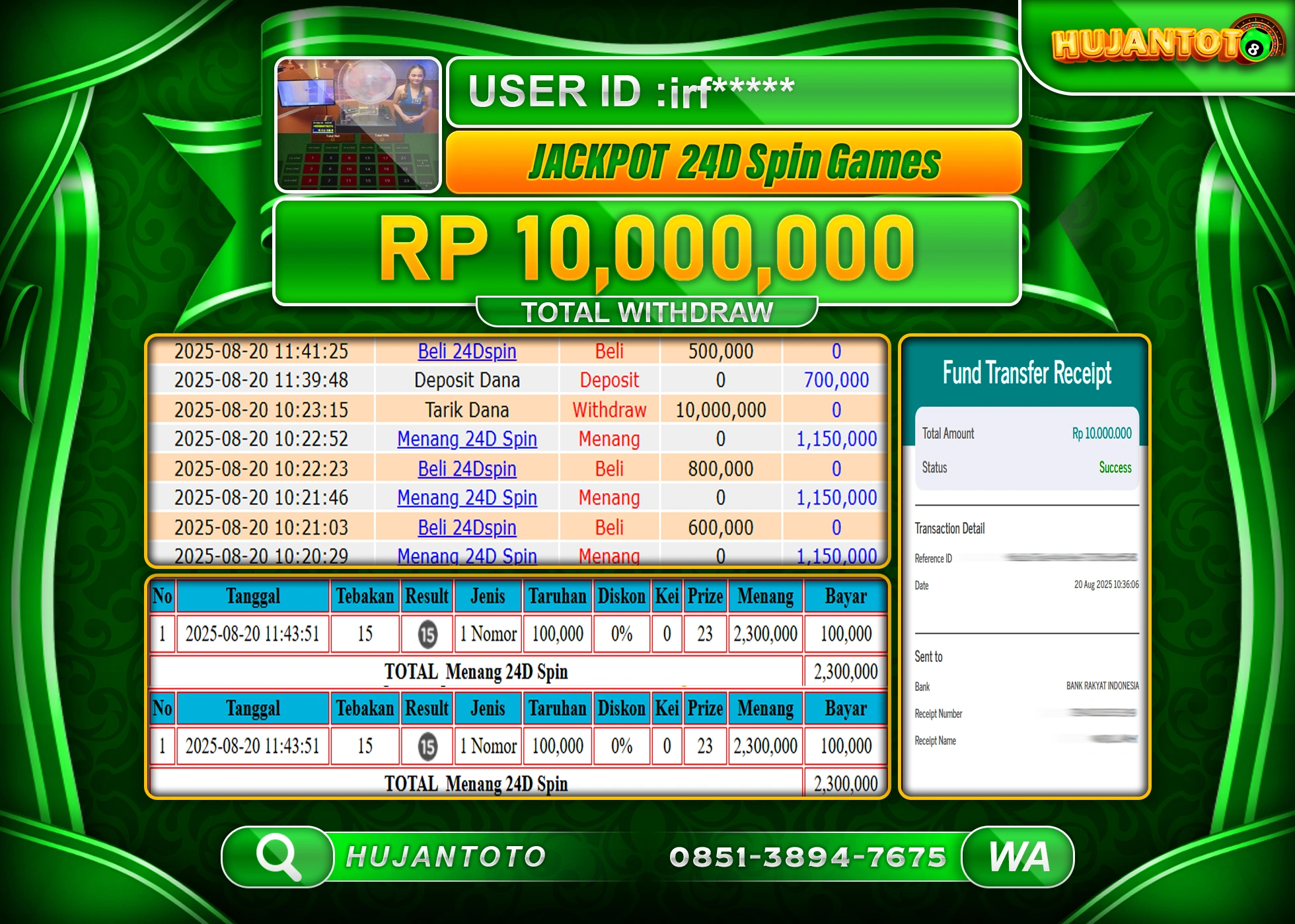 HUJANTOTO - BUKTI JACKPOT MENANG LIVEGAME 24D SPIN GAMES Rp.10,000,000 - TERBAYAR LUNAS