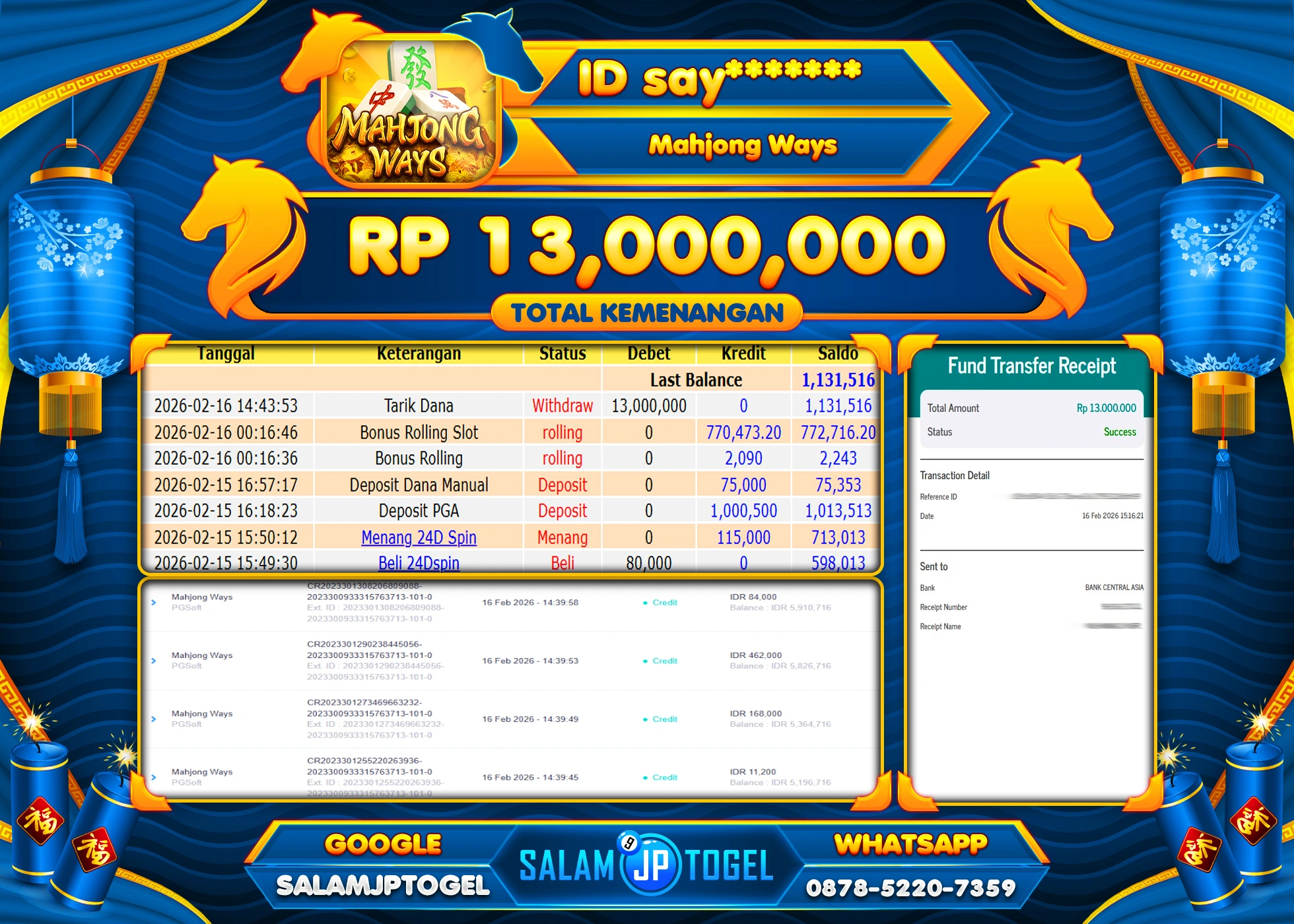 SALAMJPTOGEL JACKPOT MAHJONG WAYS Rp.13,000,000 - LUNAS