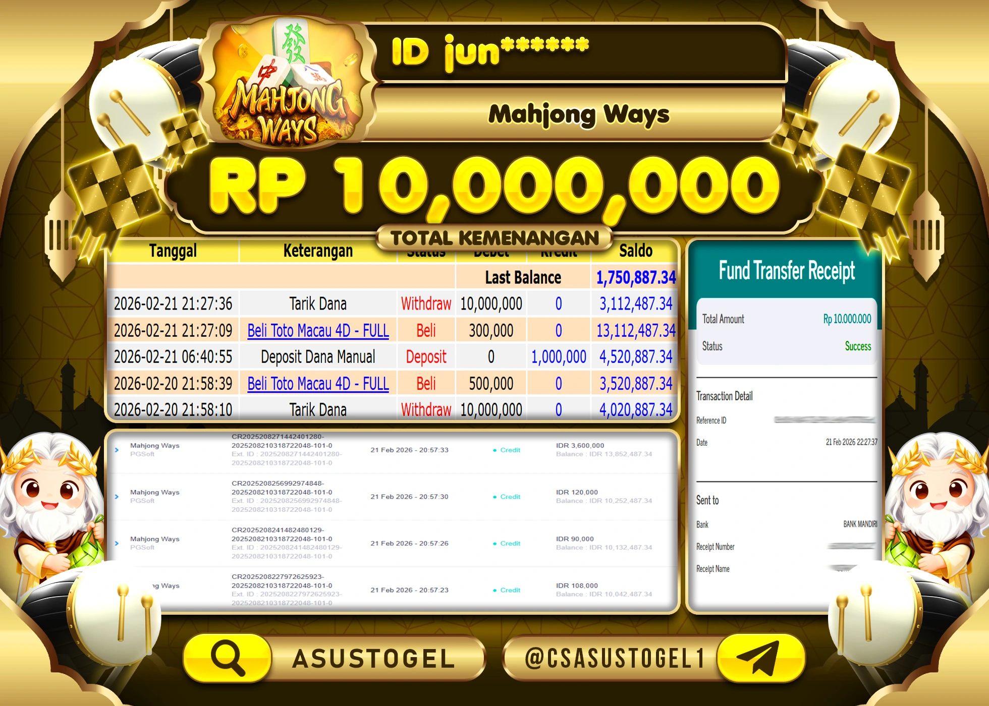 ASUSTOGEL KEMENANGAN DI SLOT MAHJONG WAYS PGSOFT SEBESAR 10,000,000 - RUPIAH LUNAS