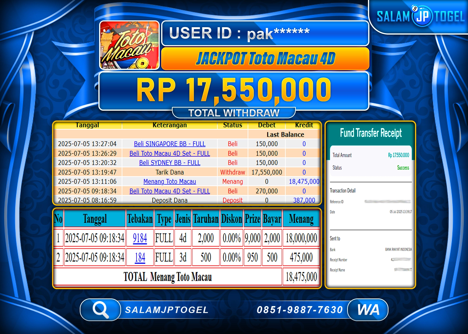 SALAMJPTOGEL MENANG JACKPOT Toto Macau 4D Rp.17,550,000 LUNAS