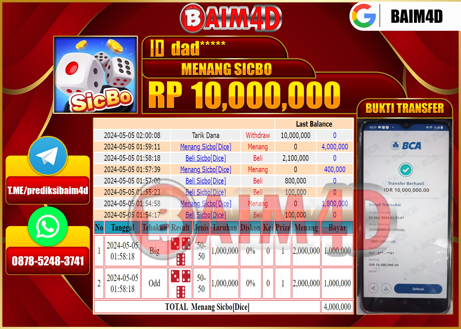 BAIM4D JACKPOT LIVE CASINO SICBO  Rp.10,000,000.,- LUNAS