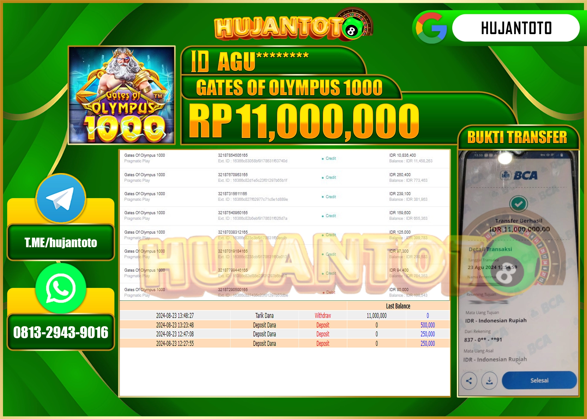 HUJANTOTO MENANG BESAR DI PERMAINAN SLOT GATES OF OLYMPUS 1000 11.000.000 - LUNAS 