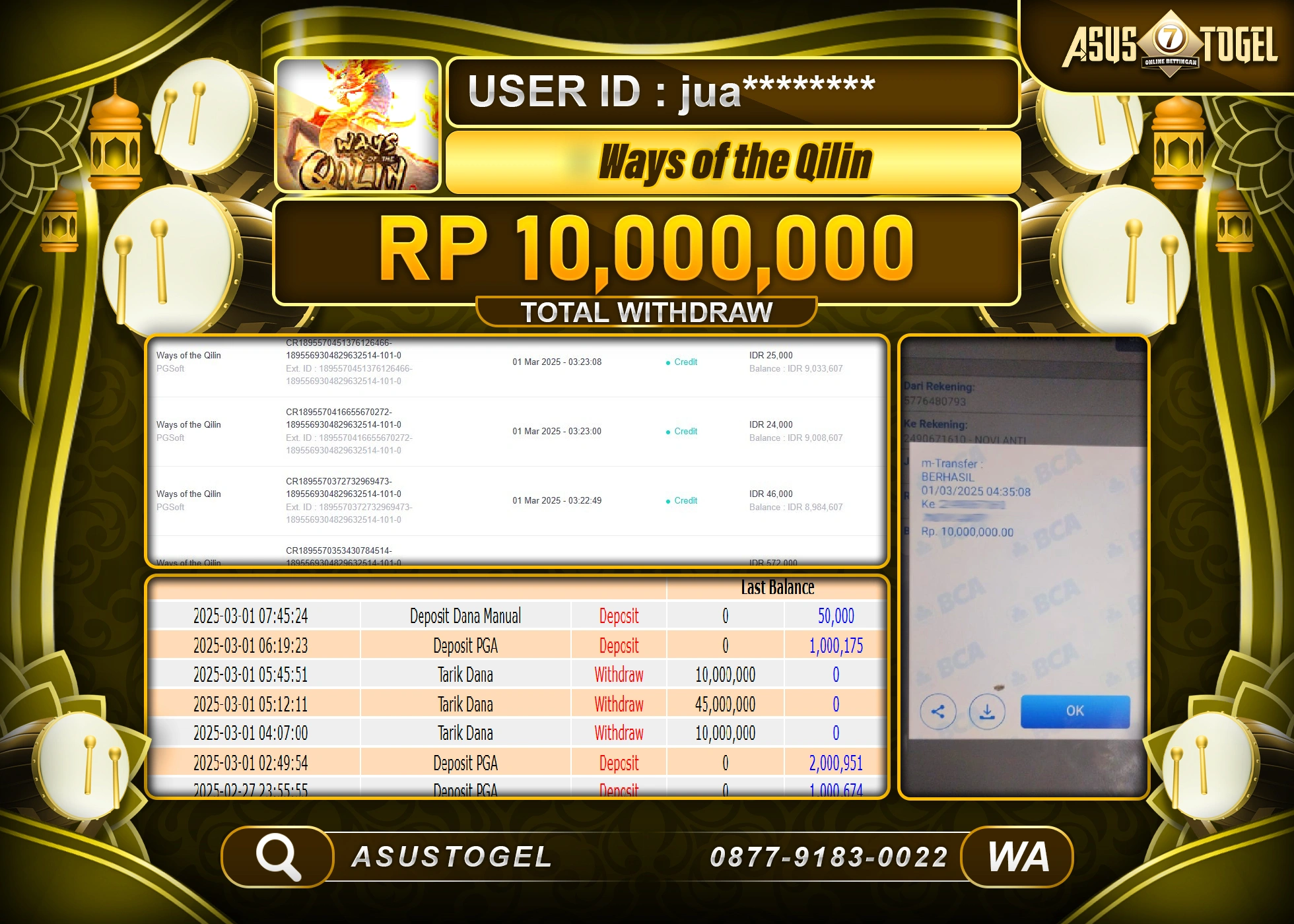 ASUSTOGEL KEMENANGAN DI WAYS OF THE QILIN SEBESAR 10,000,000- RUPIAH LUNAS