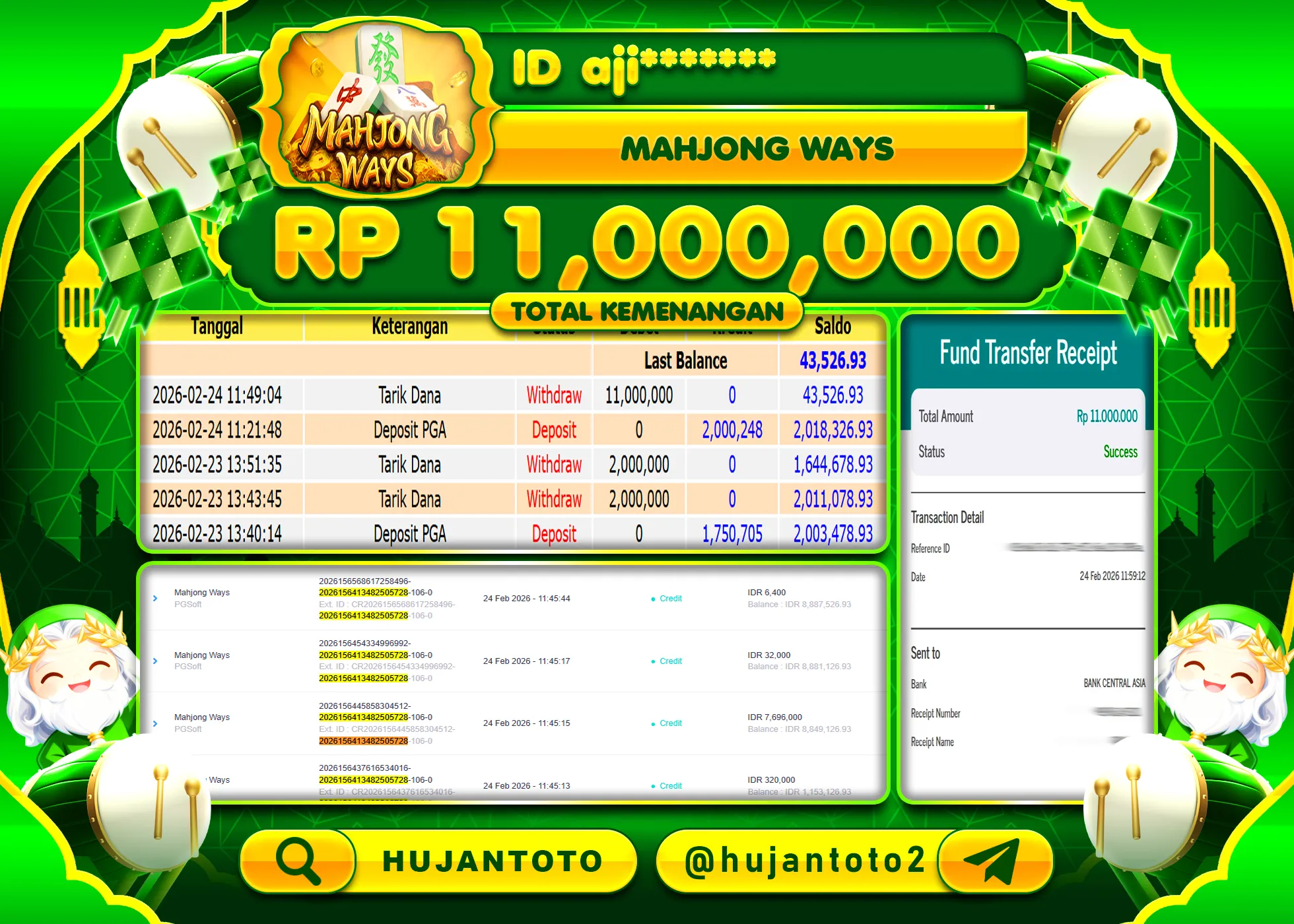 HUJANTOTO - BUKTI JACKPOT MENANG SLOT MAHJONG WAYS Rp.11,000,000 - TERBAYAR LUNAS