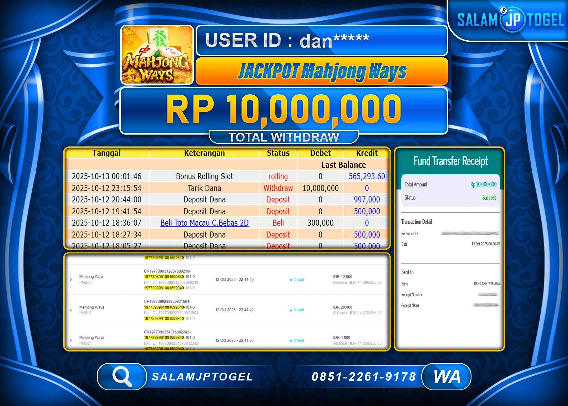 SALAMJPTOGEL MENANG MAHJONG WAYS PGSOFT Rp.10,000,000  - LUNAS