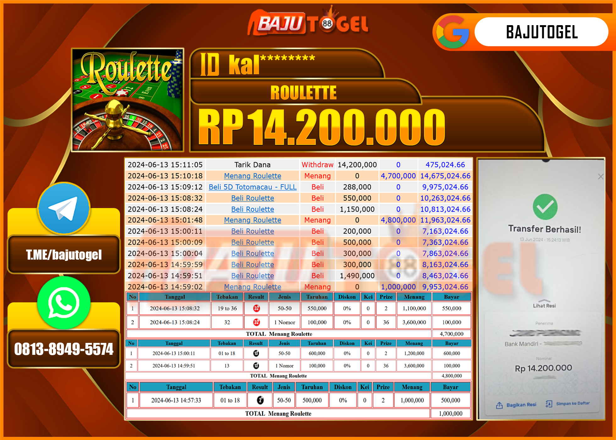 BAJUTOGEL JACKPOT LIVE CASINO ROULETTE Rp.14.200.000 LUNAS