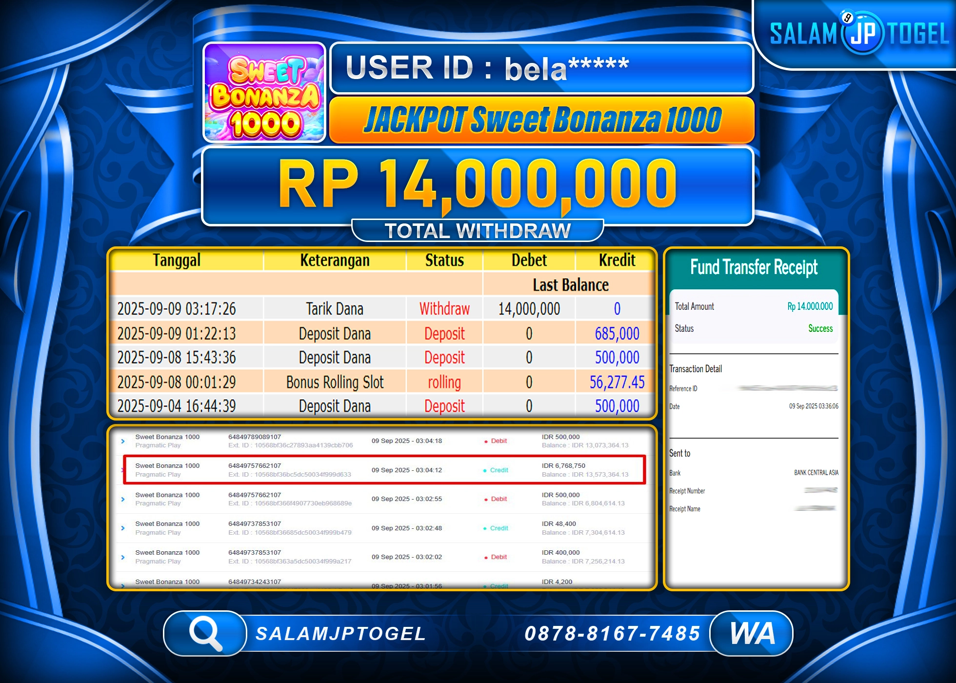 SALAMJPTOGEL MENANG SWEET BONANZA 1000  Rp.14,000,000