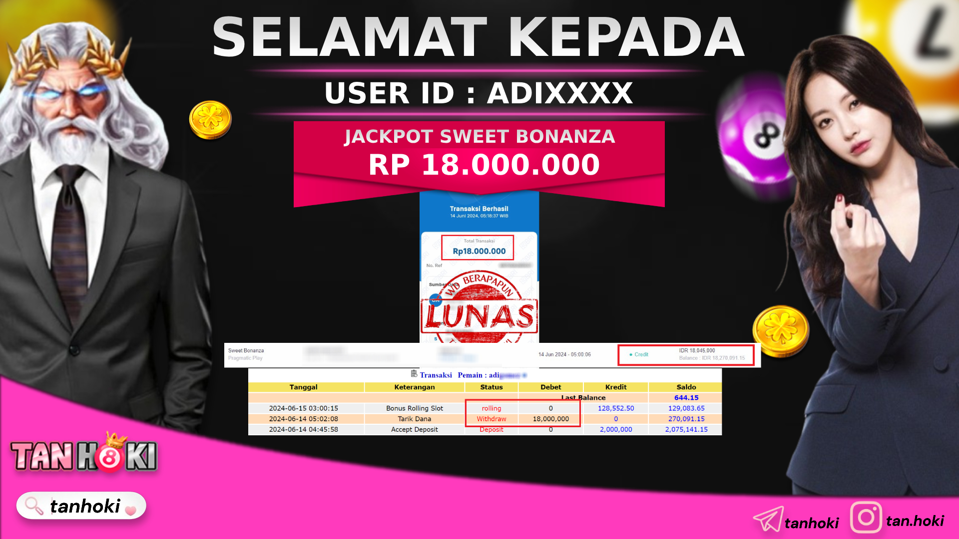 TANHOKI JACKPOT SLOT SWEET BONANZA Rp.18.000.000,- LUNAS