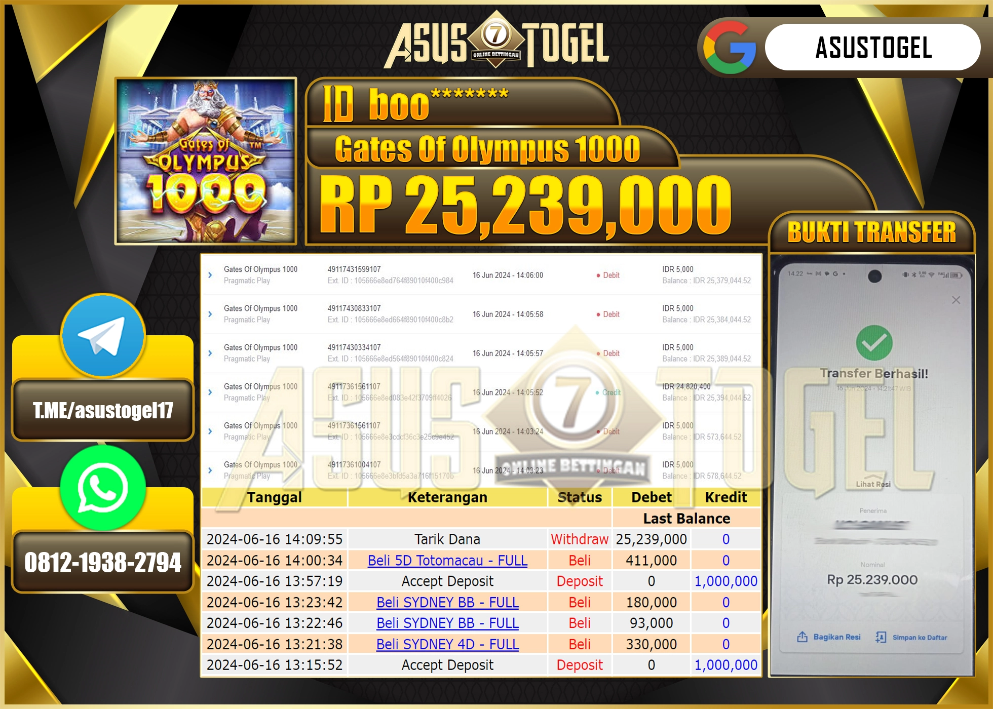 ASUSTOGEL KEMENANGAN GATES OF OLYMPUS 1000 SEBESAR 25,239,000-LUNAS