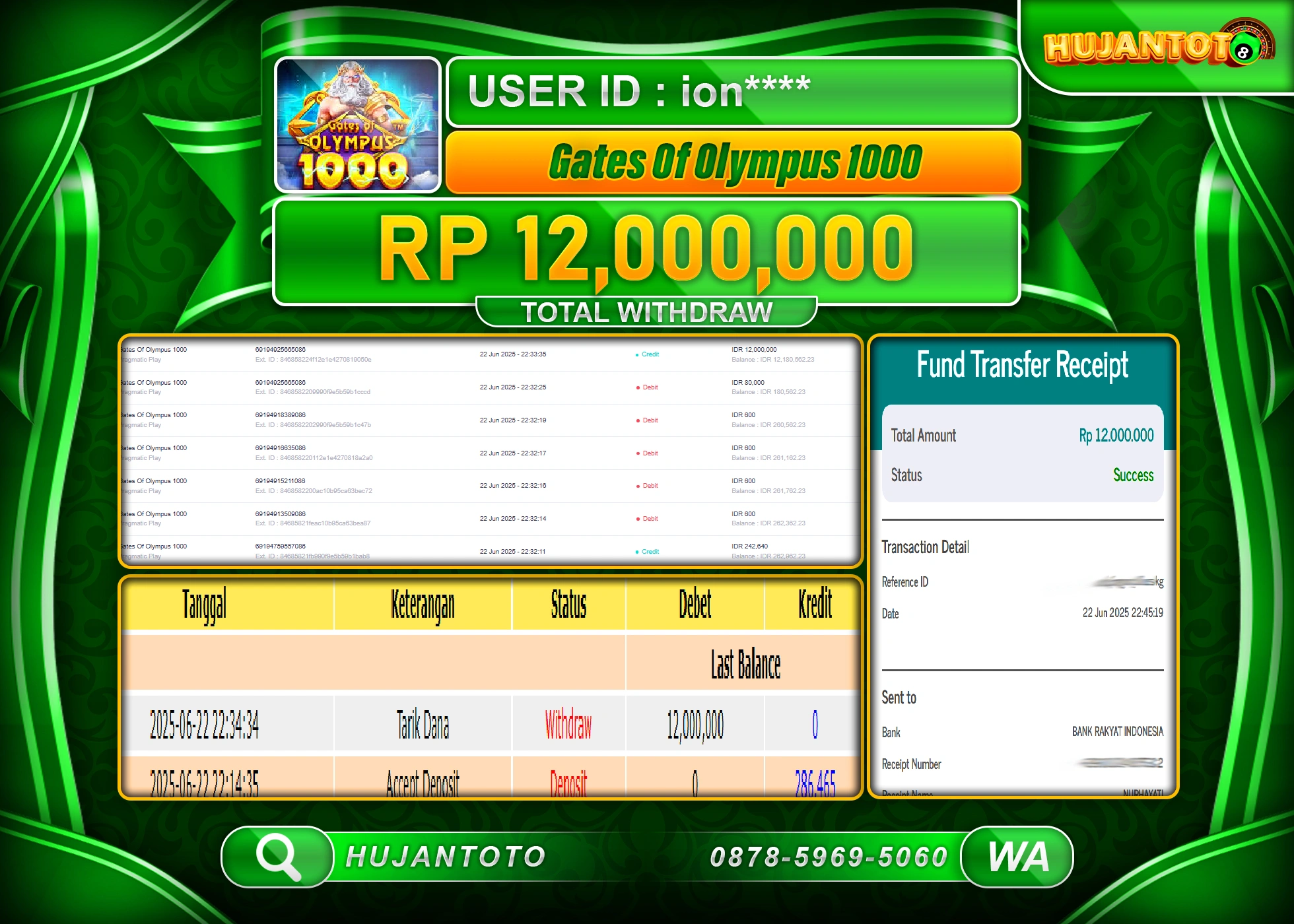 HUJANTOTO - BUKTI JACKPOT MENANG SLOT GATES OF OLYMPUS 1000 Rp.12,000,000 - TERBAYAR LUNAS