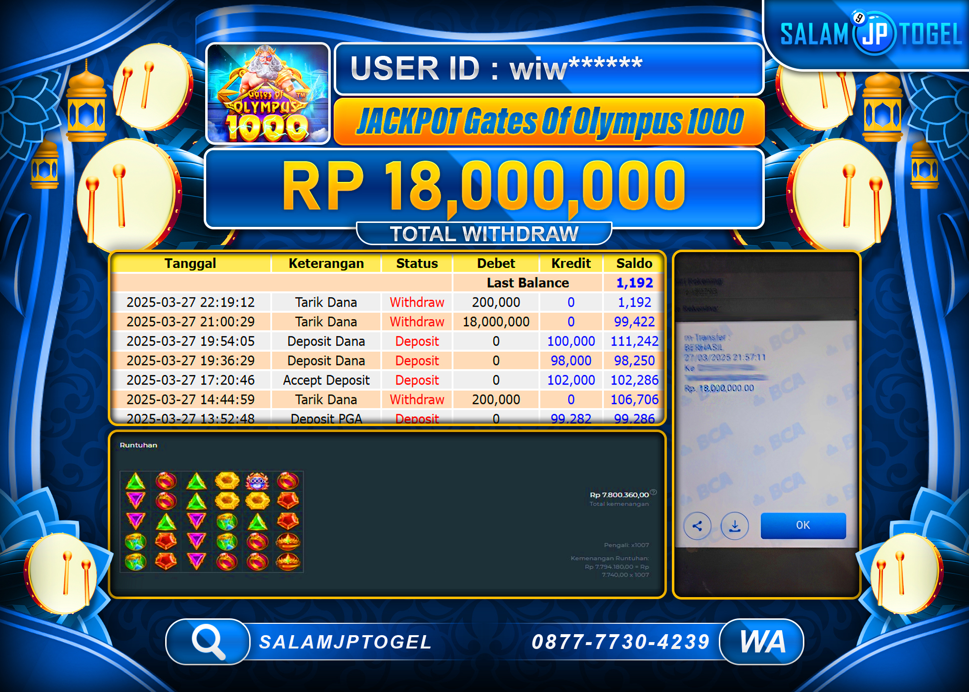 SALAMJPTOGEL MENANG GATES OF OLYMPUS 1000  Rp. 18,000,000 LUNAS