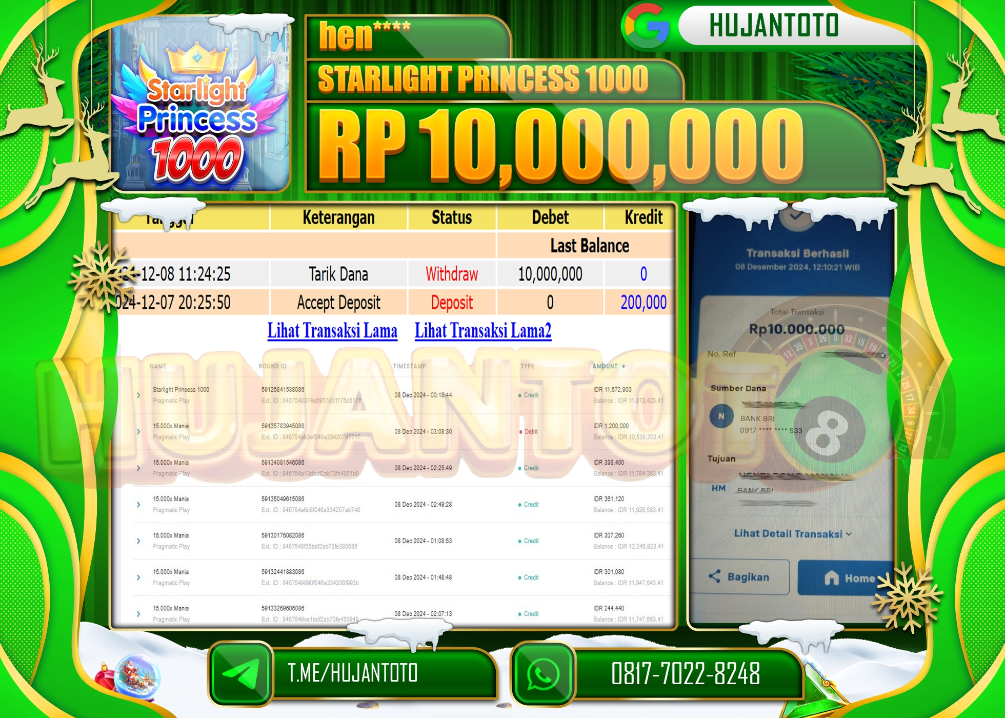 HUJANTOTO ATAS KEMENANGAN JACKPOT BESAR YANG  DI RAIH DI PERMAINAN SLOT STARLIGHT PRINCESS 1000- 10,000,000 -TERBAYAR - LUNAS 