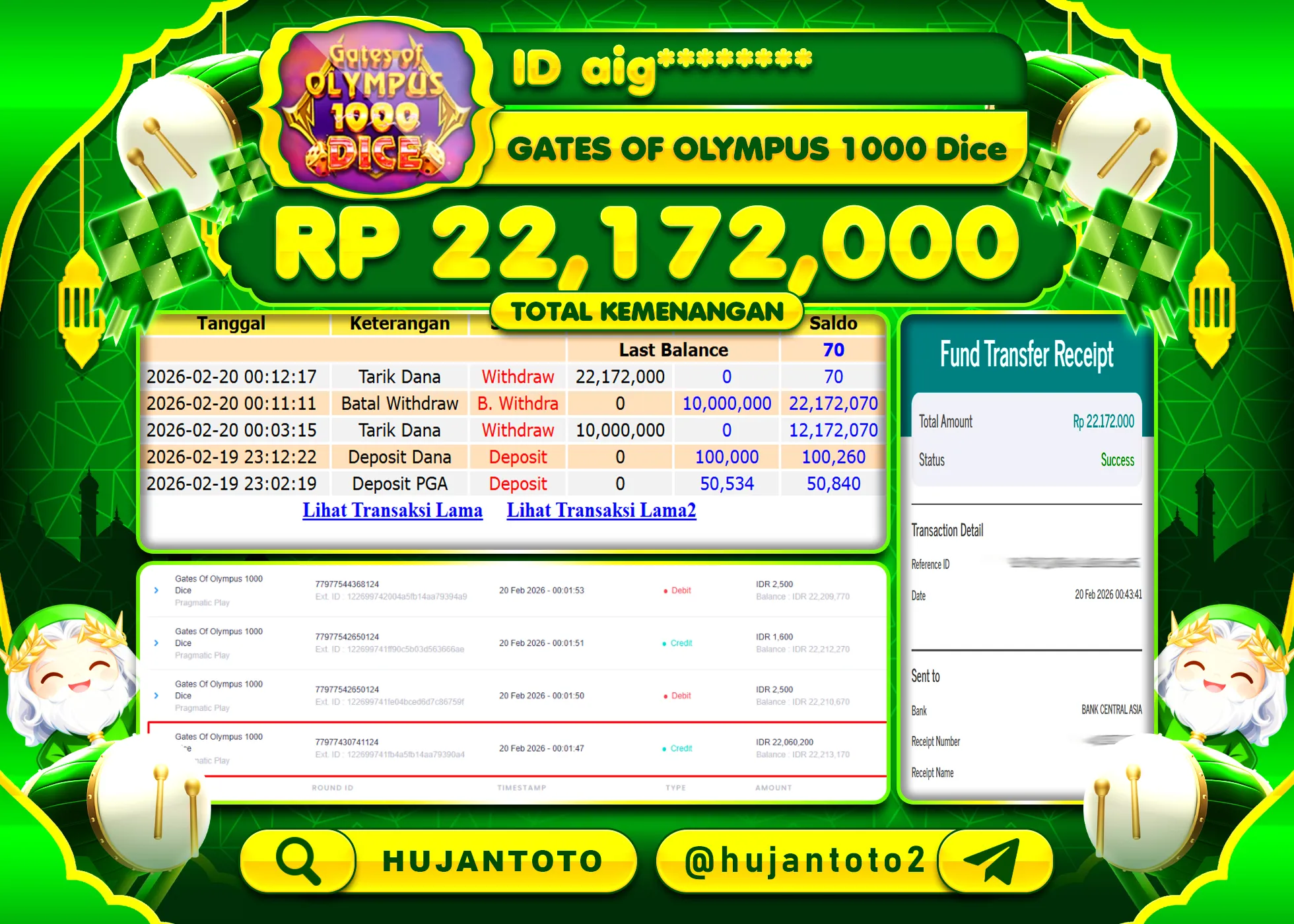 HUJANTOTO - BUKTI JACKPOT MENANG SLOT GATES OF OLYMPUS 1000 DICE Rp.22,172,000 - TERBAYAR LUNAS