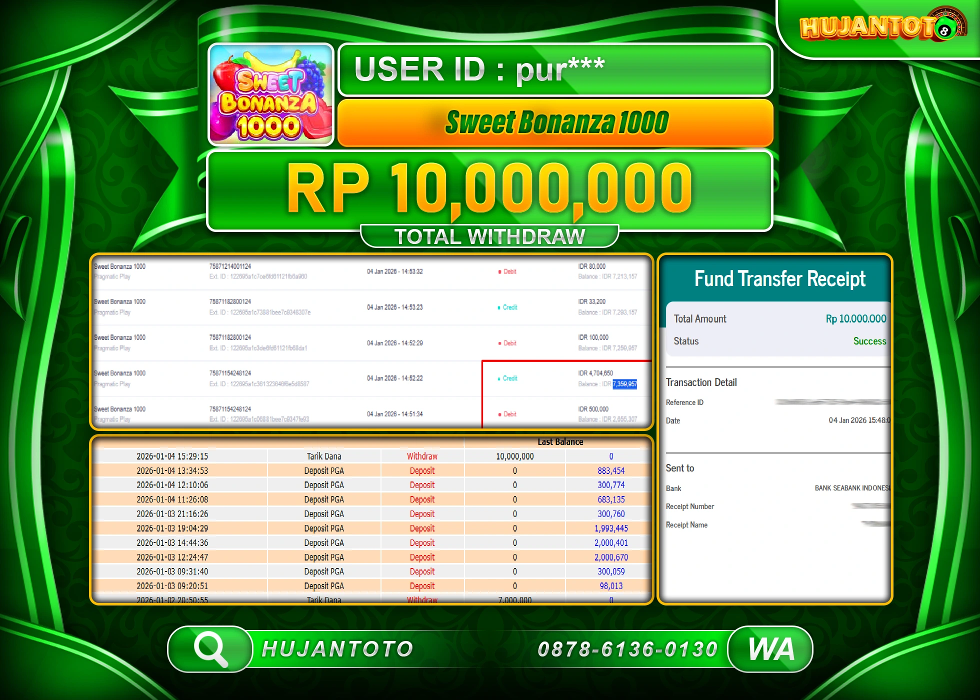 HUJANTOTO - BUKTI JACKPOT MENANG SLOT SWEET BONANZA  1000 Rp.10,000,000 - TERBAYAR LUNAS