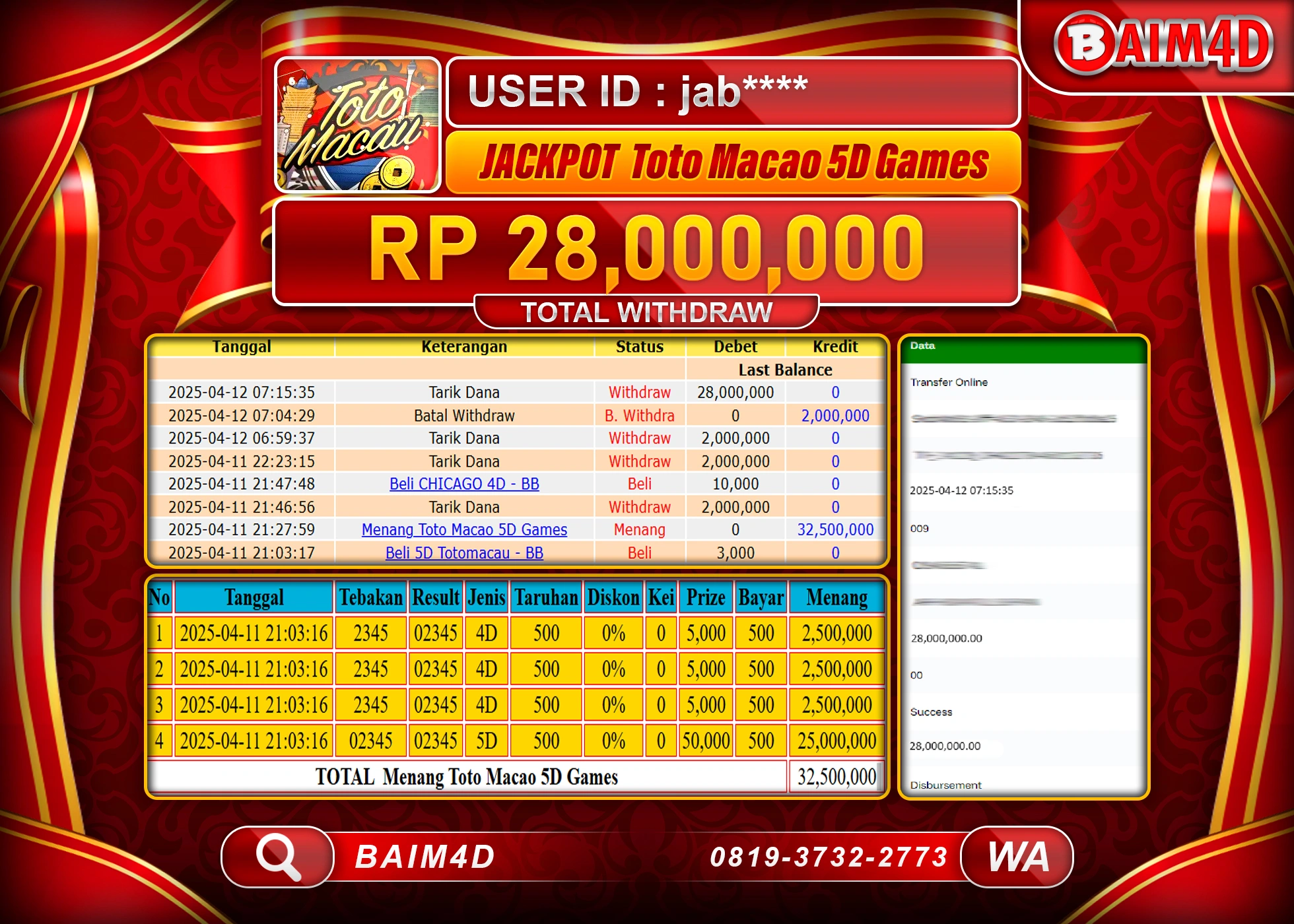 BAIM4D JACKPOT MENANG  TOGEL TOTO MACAU 5D. Rp.28.000,000.- LUNAS