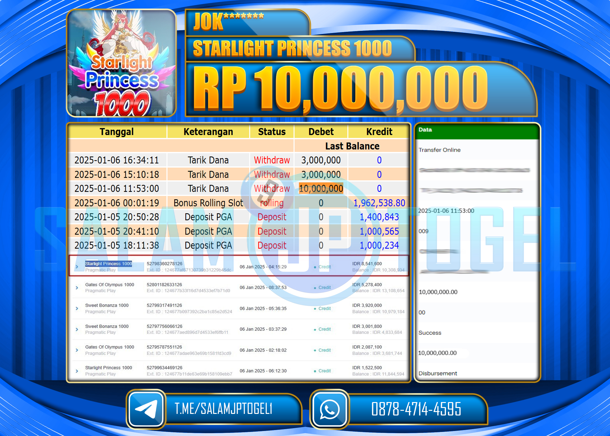 SALAMJPTOGEL MENANG STARLIGHT PRINCESS 1000 GAMES Rp.10,000,000 LUNAS