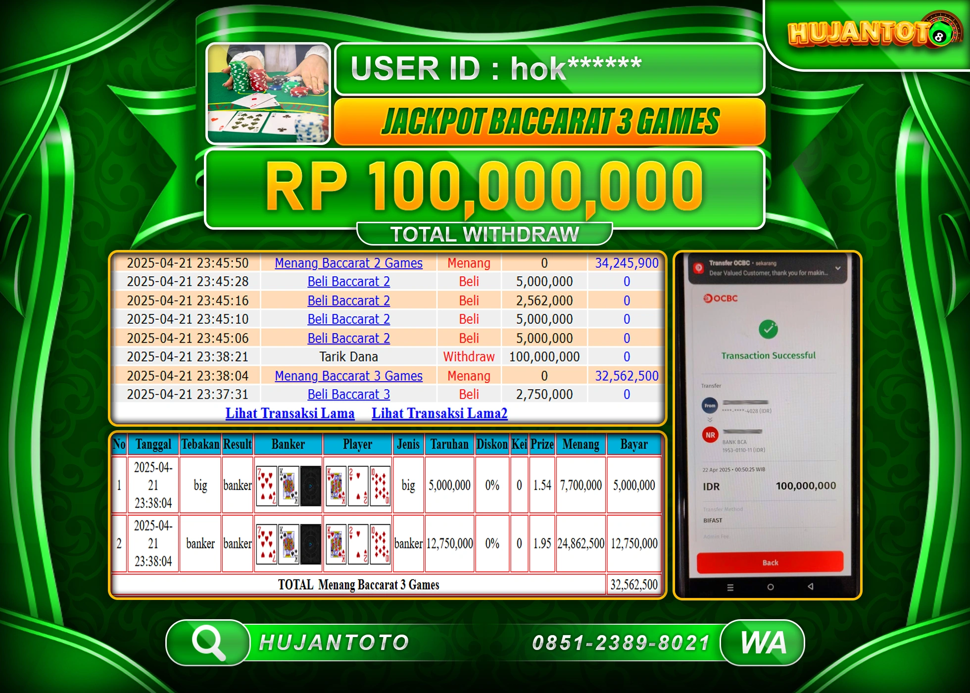 HUJANTOTO - BUKTI JACKPOT MENANG LIVE GAMES BACCARAT 3 Rp,100,000,000 - TERBAYAR LUNAS