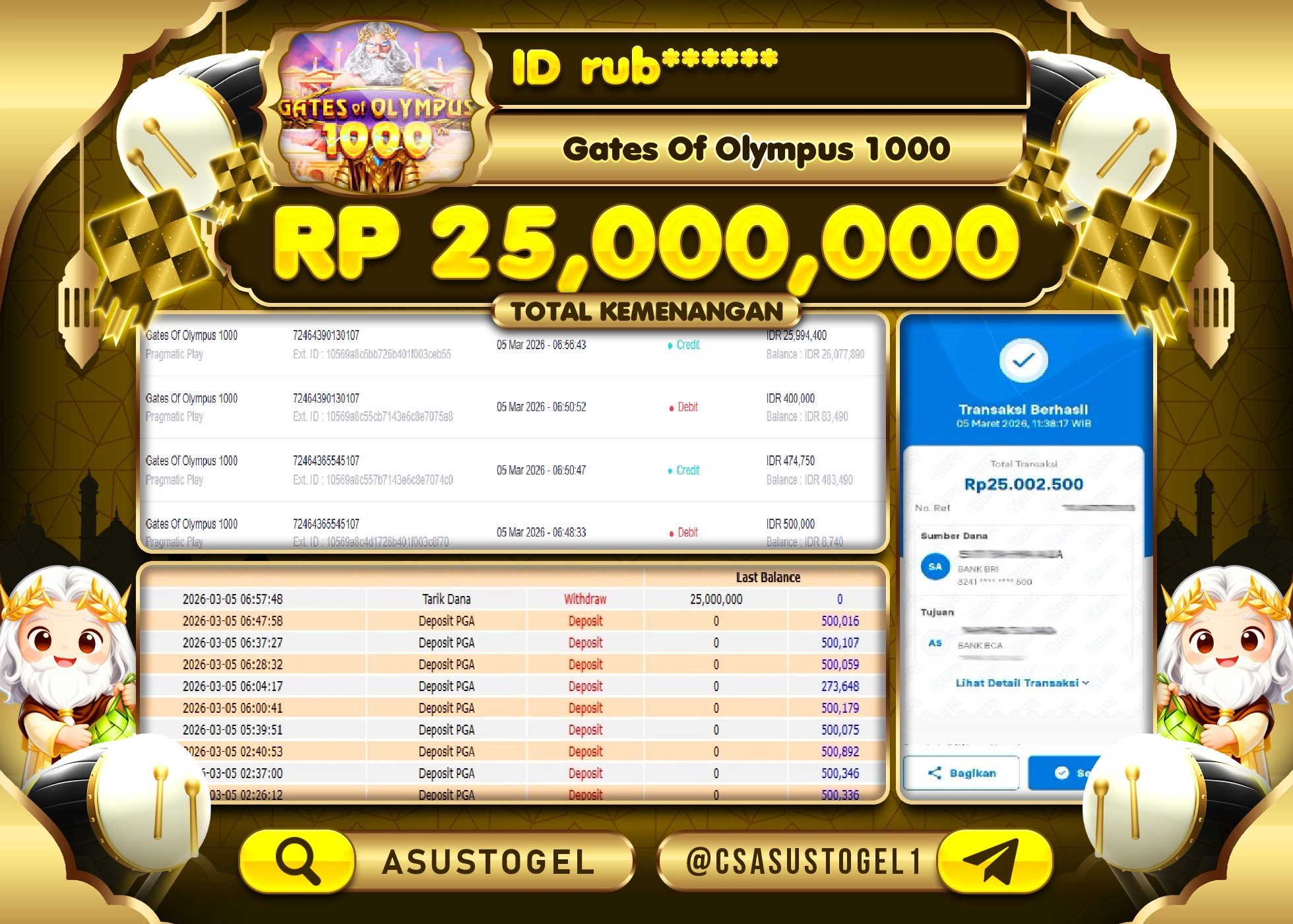 ASUSTOGEL KEMENANGAN DI SLOT GATES OF OLYMPUS 1000 SEBESAR 25,000,000 - RUPIAH LUNAS