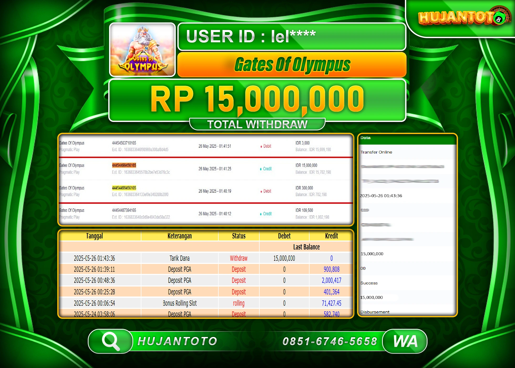 HUJANTOTO - BUKTI JACKPOT MENANG SLOT GATES OF OLYMPUS Rp.15,000,000 - TERBAYAR LUNAS