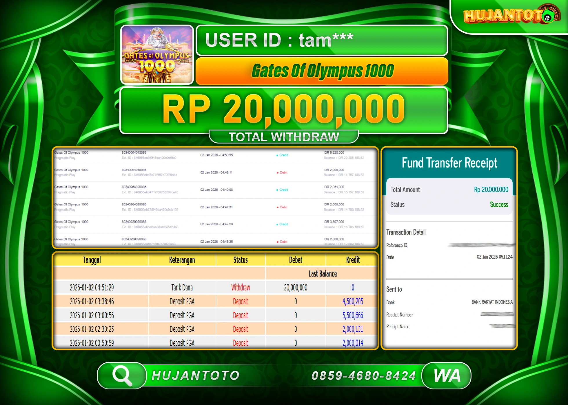 HUJANTOTO - BUKTI JACKPOT MENANG SLOT GATES OF OLYMPUS 1000 Rp.20,000,000 - TERBAYAR LUNAS
