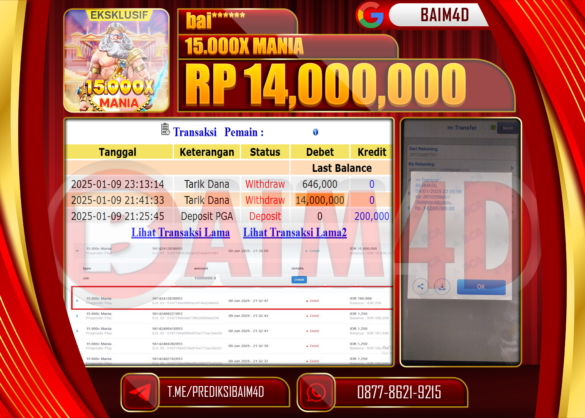 BAIM4D JACKPOT Menang SLOT 15.000x Mania Rp.14,000,000.- LUNAS