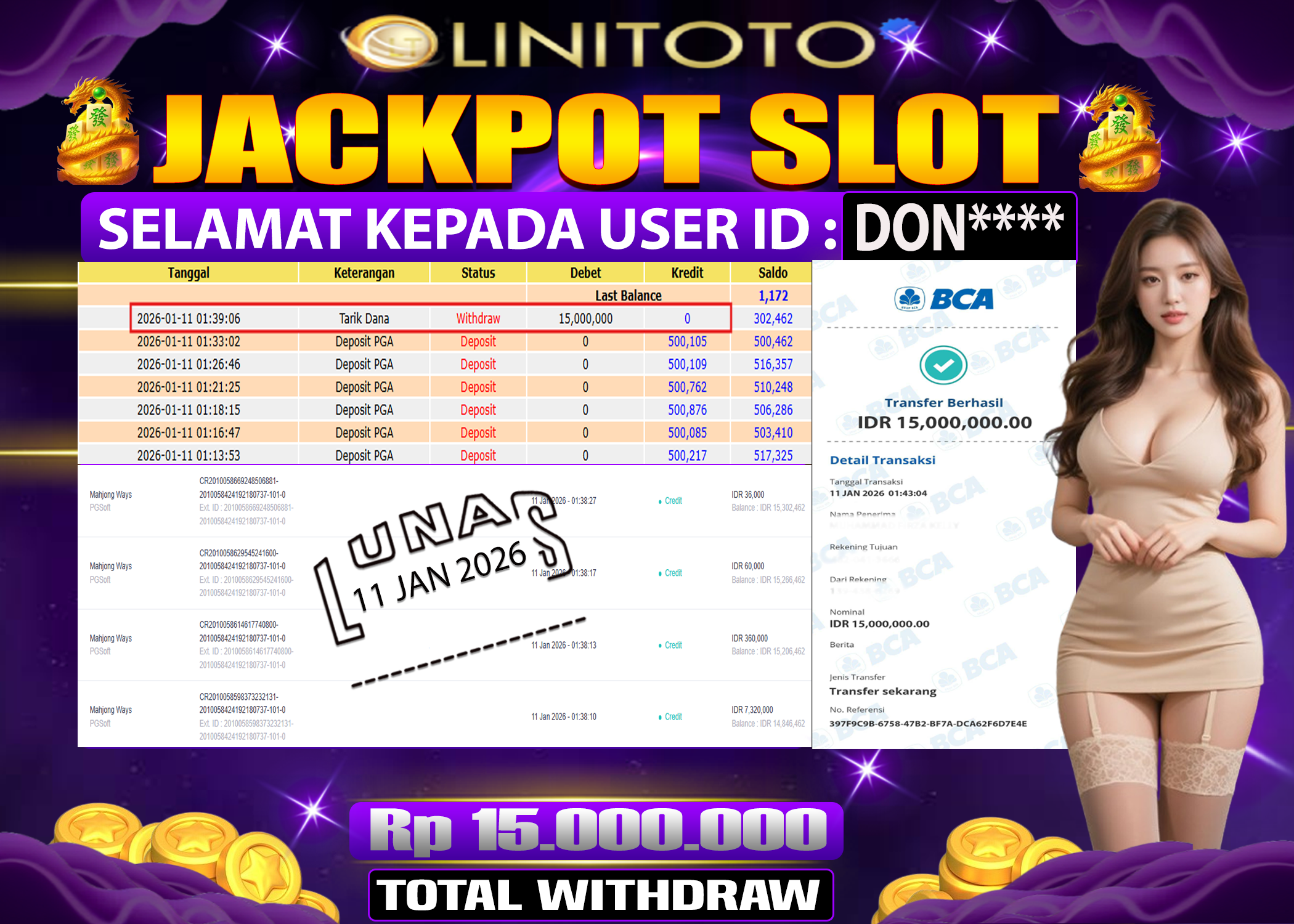 LINITOTO JACKPOT SLOT Mahjong Ways Rp.15,000,000 - LUNAS