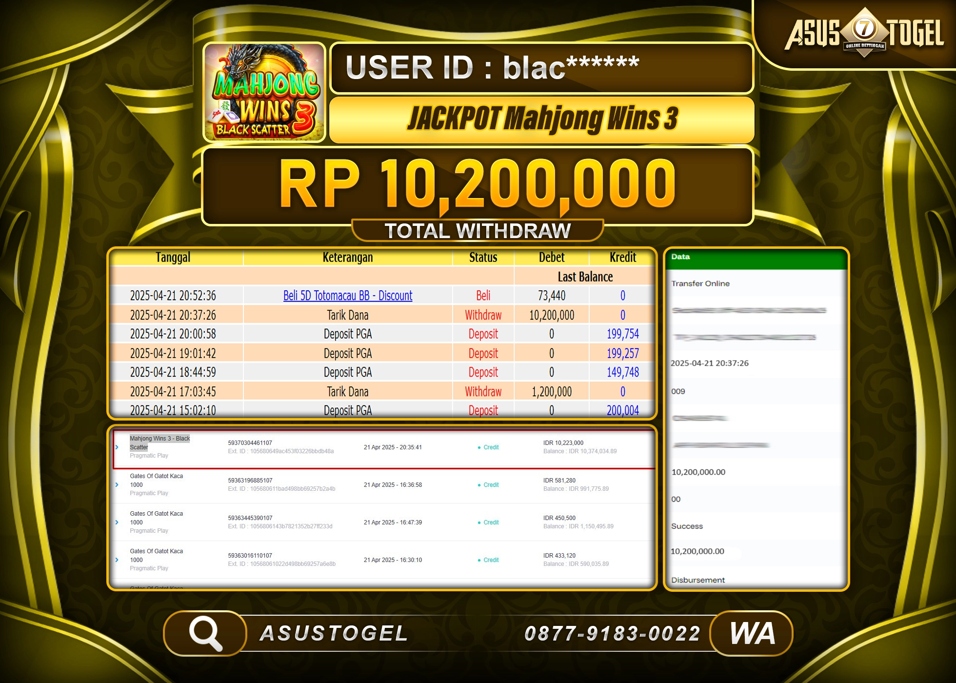 ASUSTOGEL KEMENANGAN DI SLOT MAHJONG WINS 3 SEBESAR 10,200,000- RUPIAH LUNAS