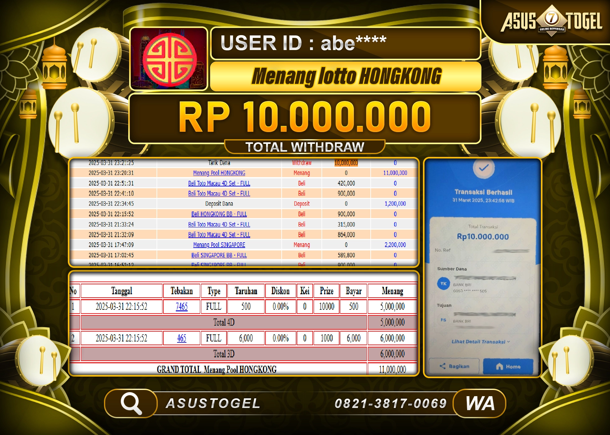 ASUSTOGEL KEMENANGAN DI TOGEL LOTTO HONGKONG  SEBESAR 10,000,000- RUPIAH LUNAS