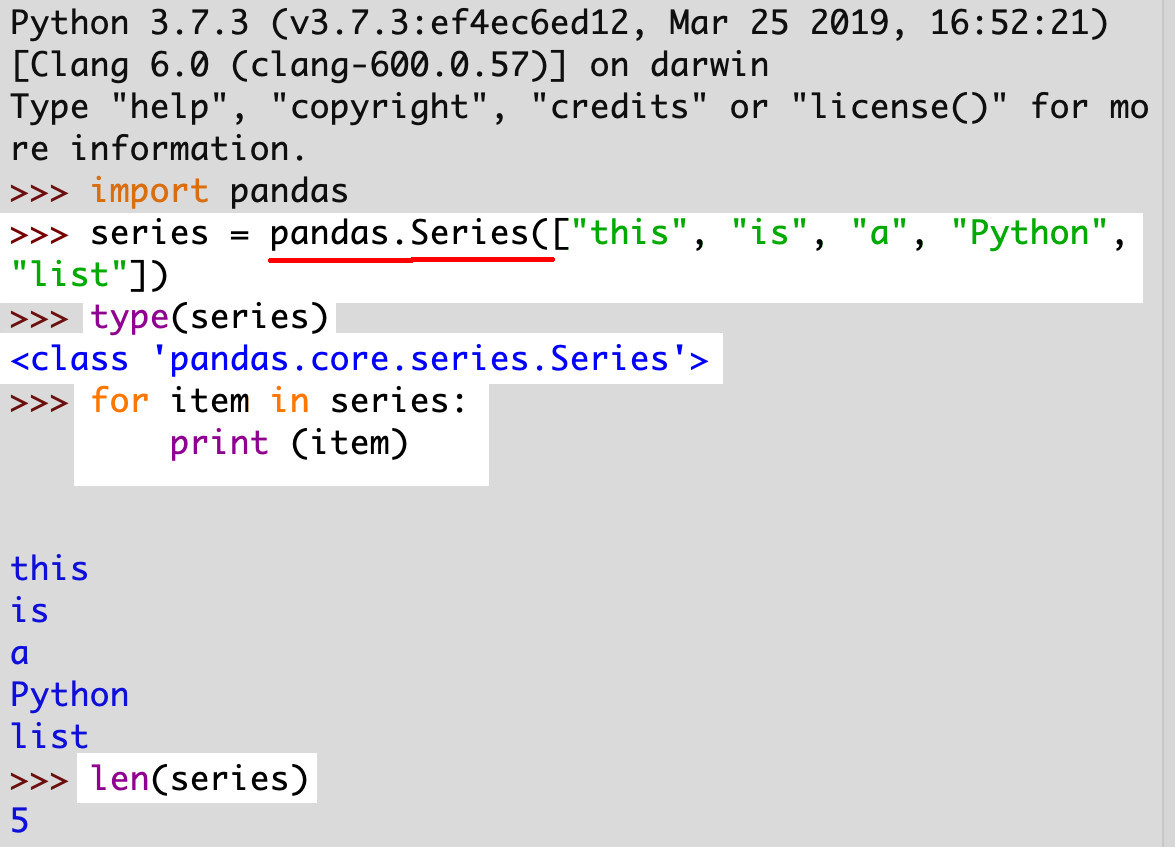 Screenshot of Python's IDLE creating a Pandas Series object