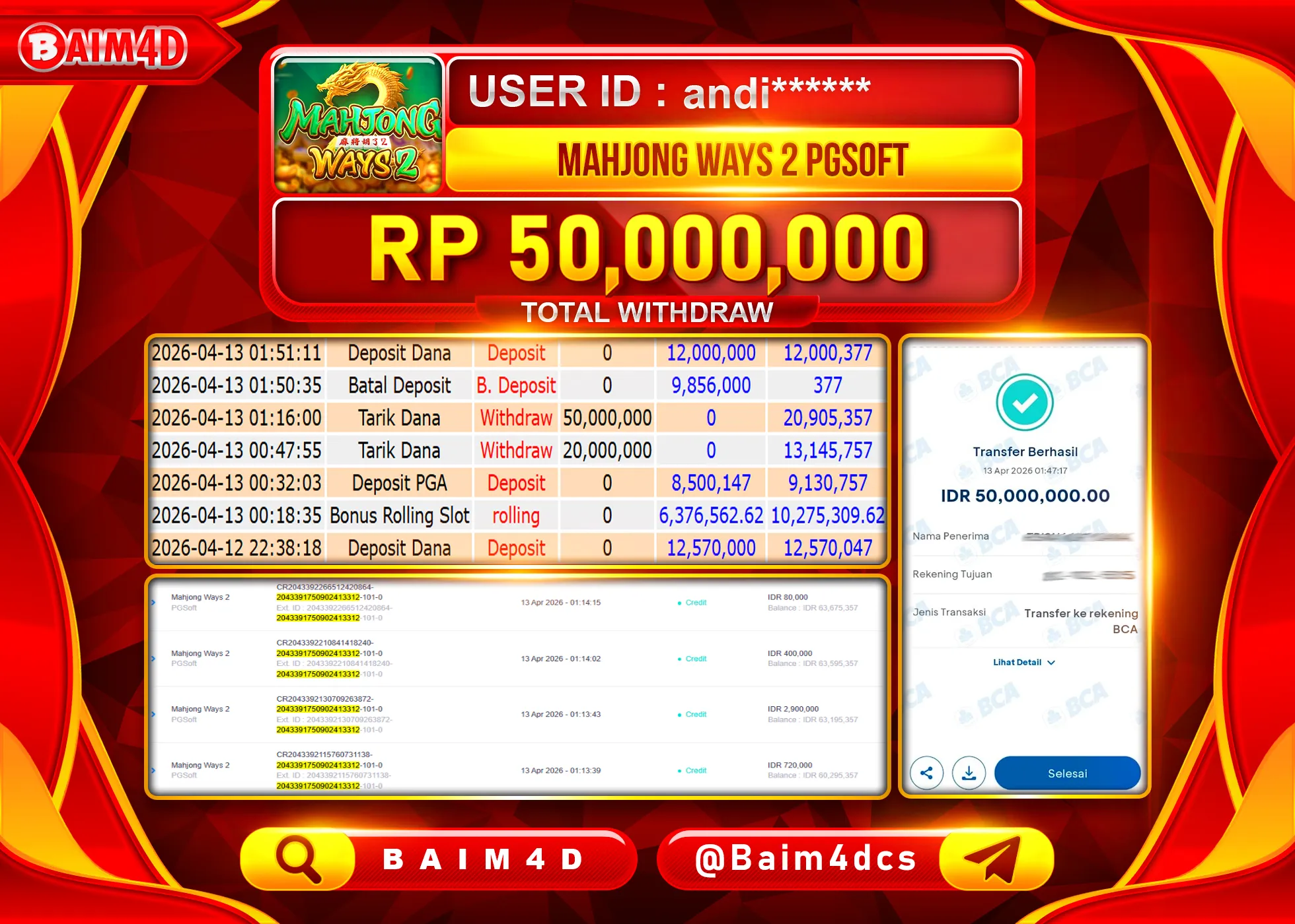 BAIM4D JACKPOT  SLOT MAHJONG WAYS 2 Rp.50,000,000 - LUNAS