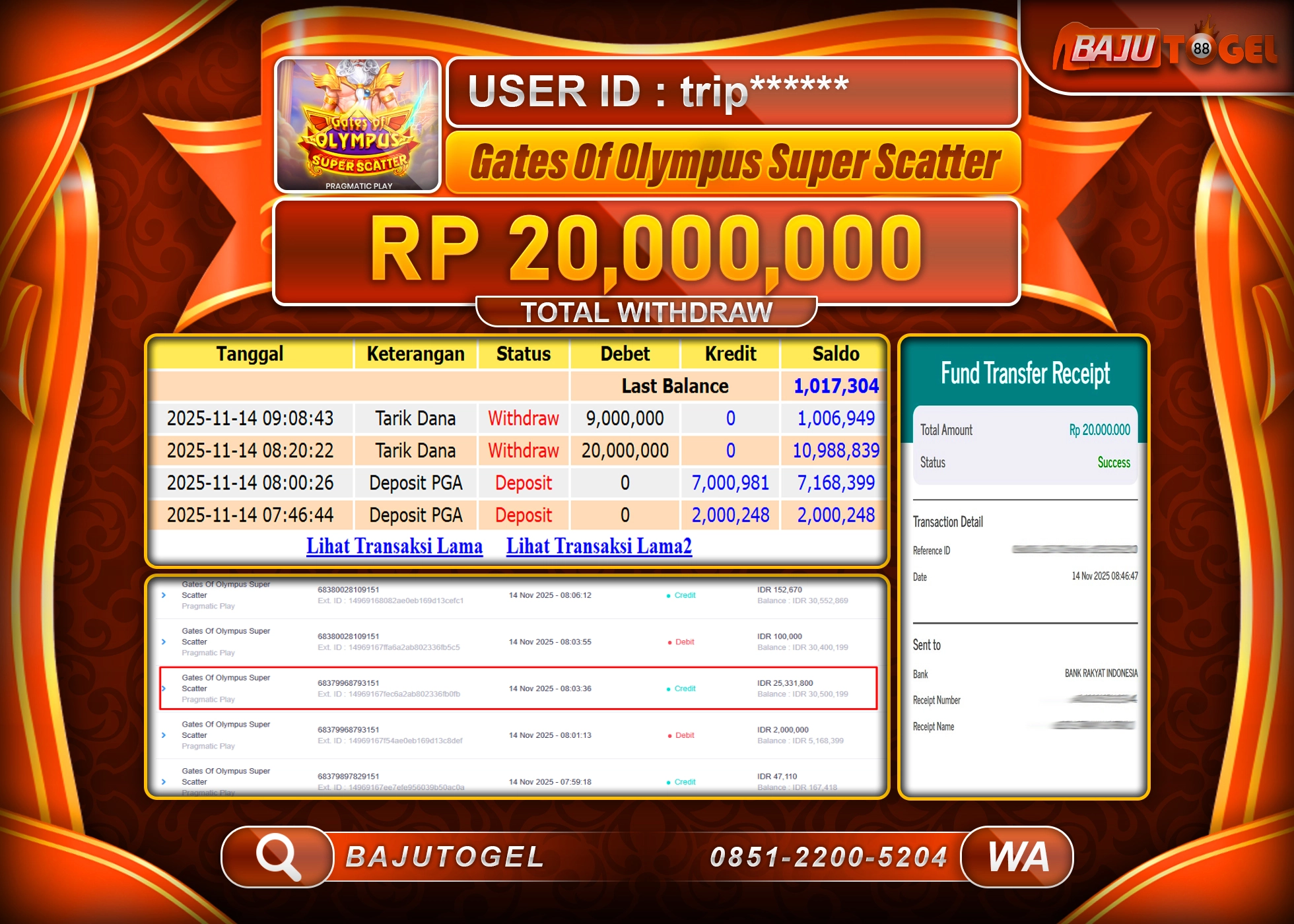 BAJUTOGEL KEMENANGAN OLYMPUS SUPER SCATTER Rp.20,000,000 LUNAS