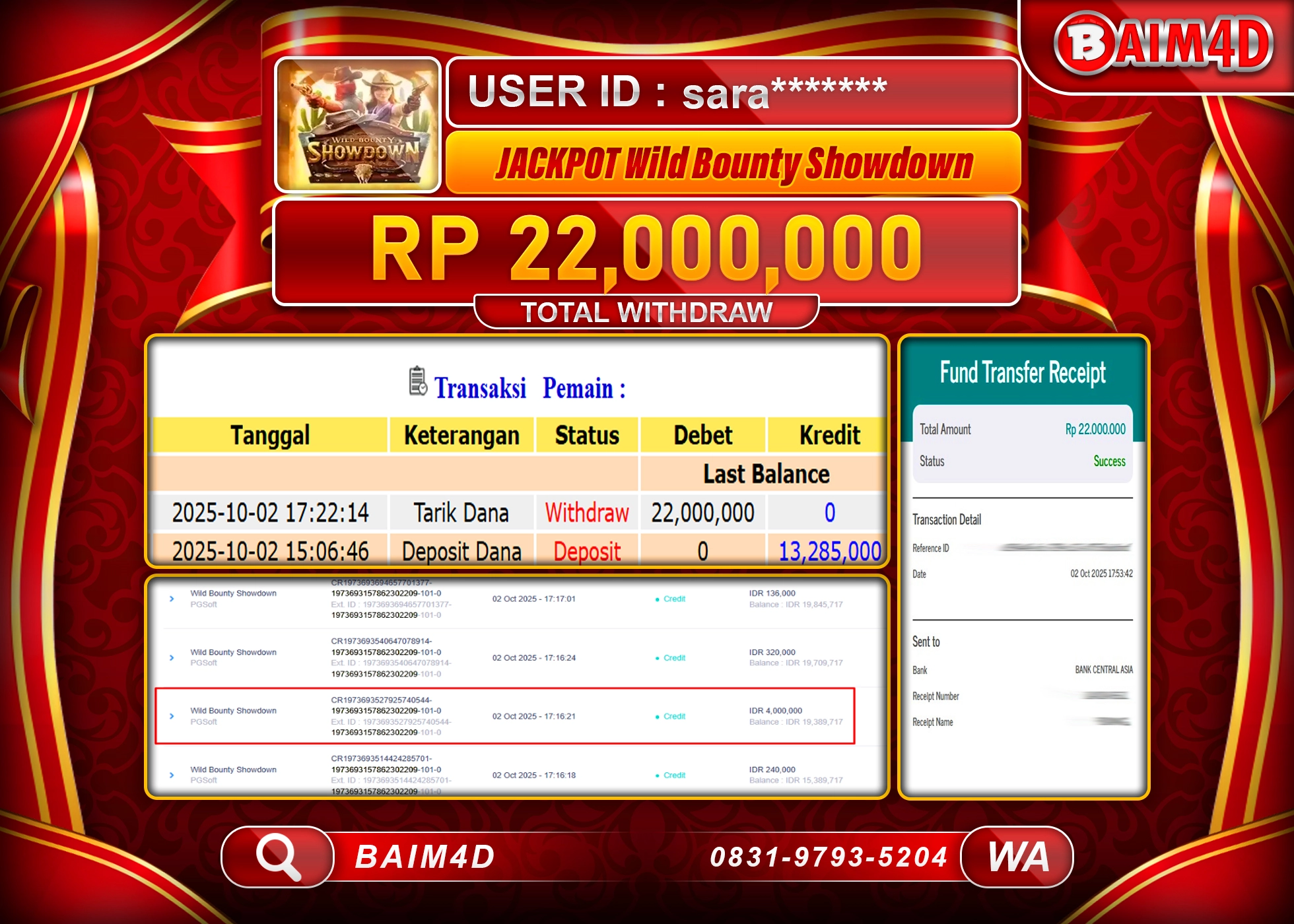 BAIM4D JACKPOT SLOT WILD BOUNTY SHOWDOWN Rp.22,000,000.- LUNAS
