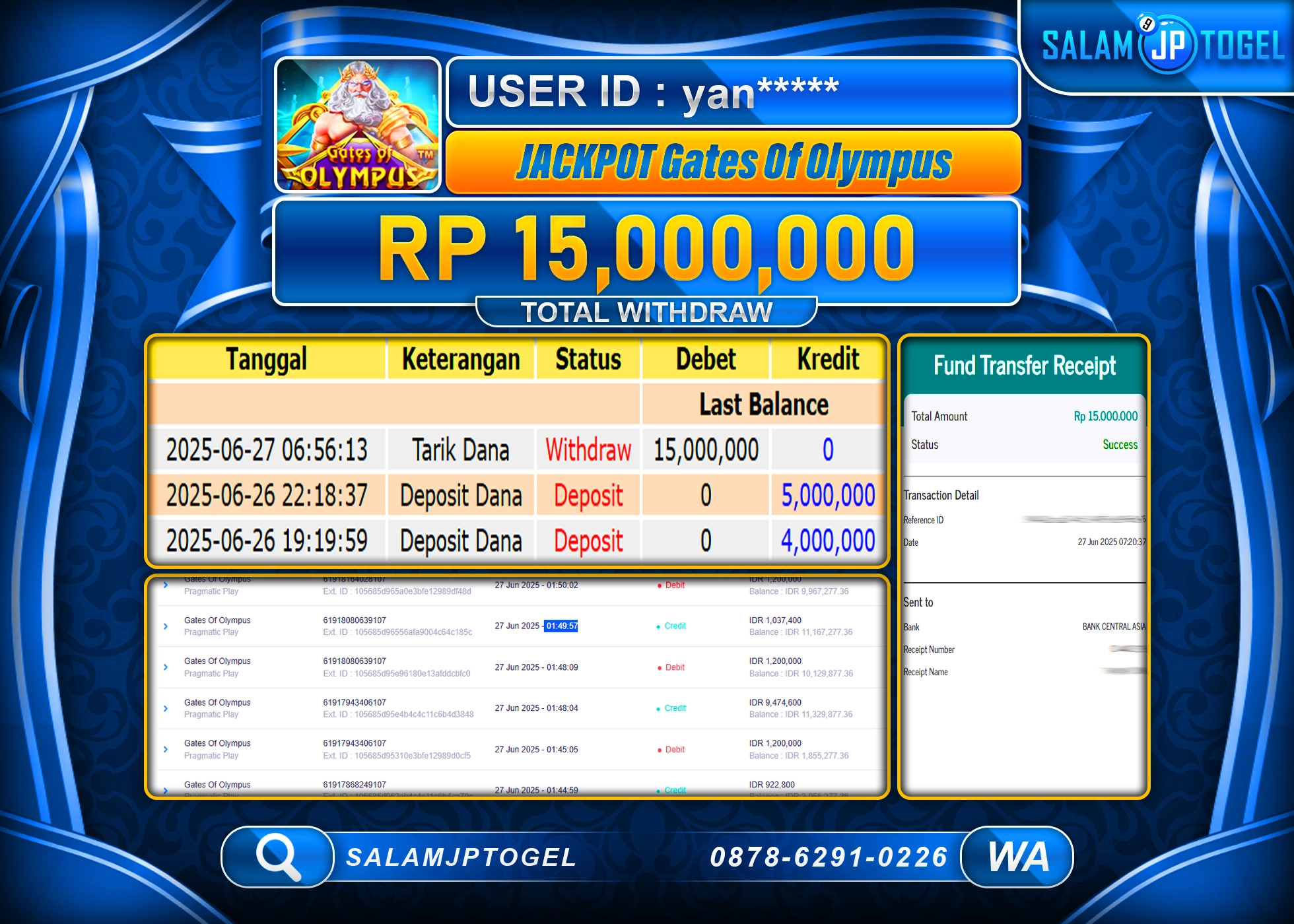 SALAMJPTOGEL MENANG GATES OF OLYMPUS Rp.15,000,000 LUNAS