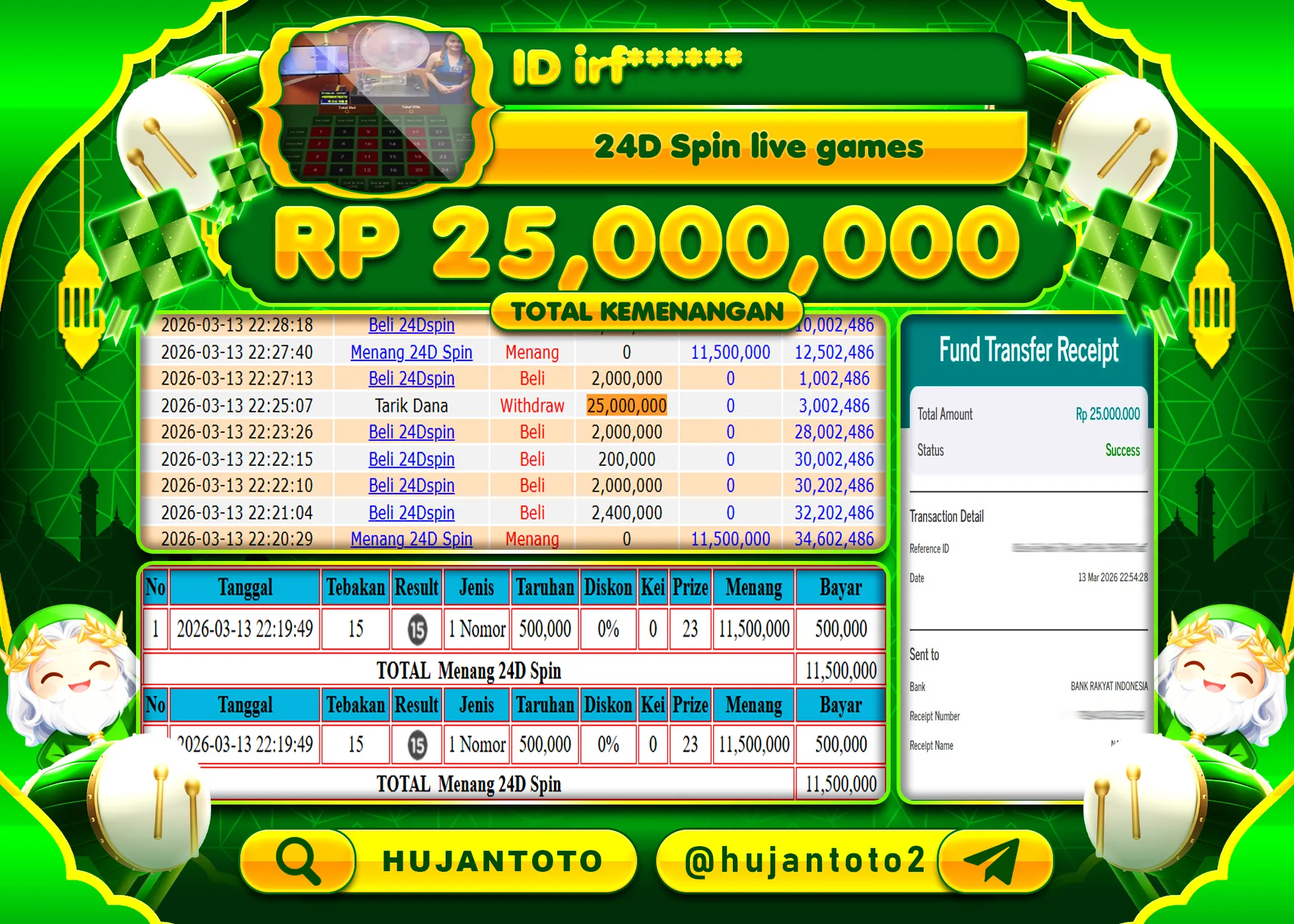 HUJANTOTO - BUKTI JACKPOT MENANG LIVEGAMES 24D SPIN LIVE GAMES Rp.25,000,000 - TERBAYAR LUNAS