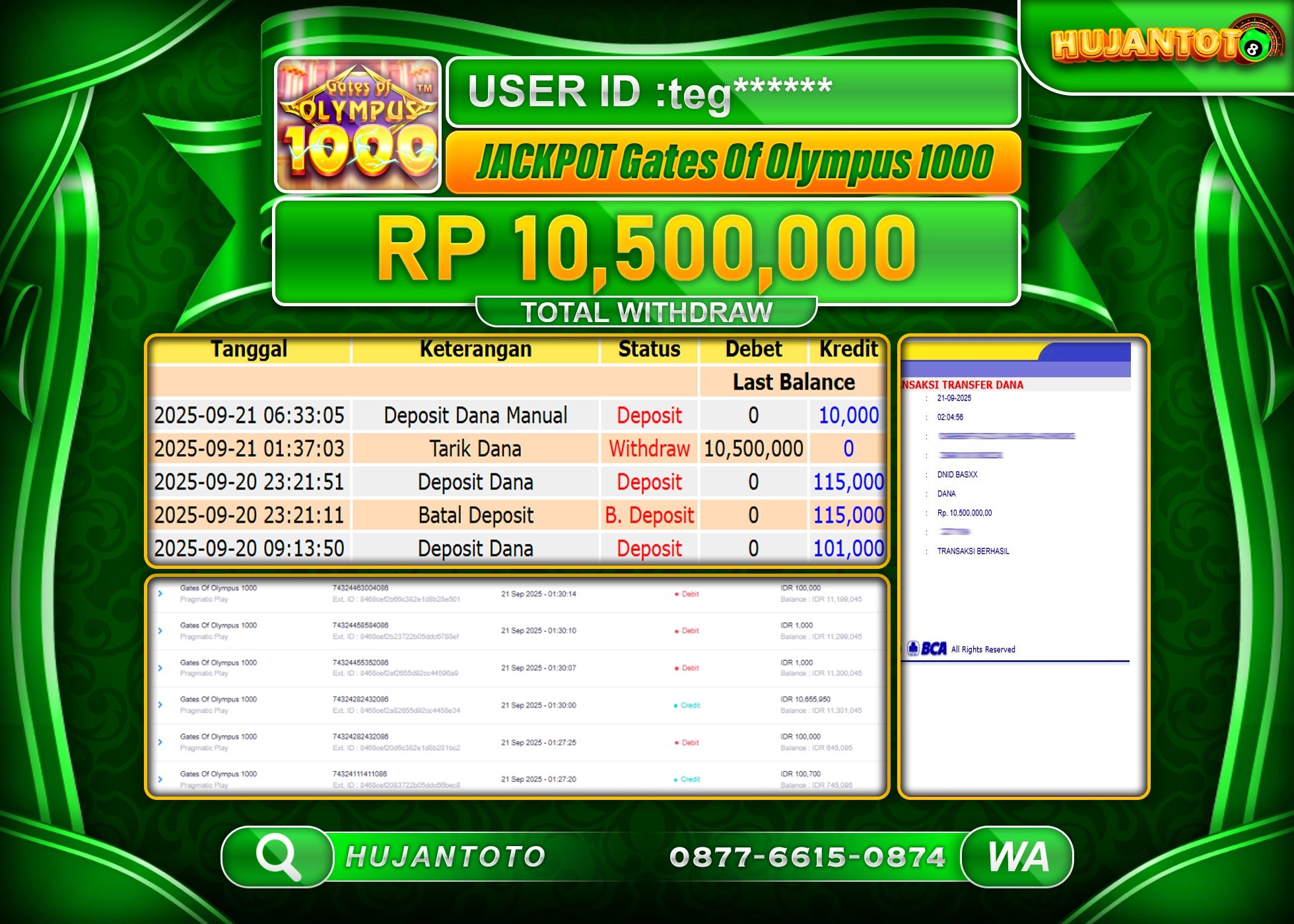 HUJANTOTO - BUKTI JACKPOT MENANG SLOT GATES OLYMPUS 1000 Rp.10,500,000 - TERBAYAR LUNAS