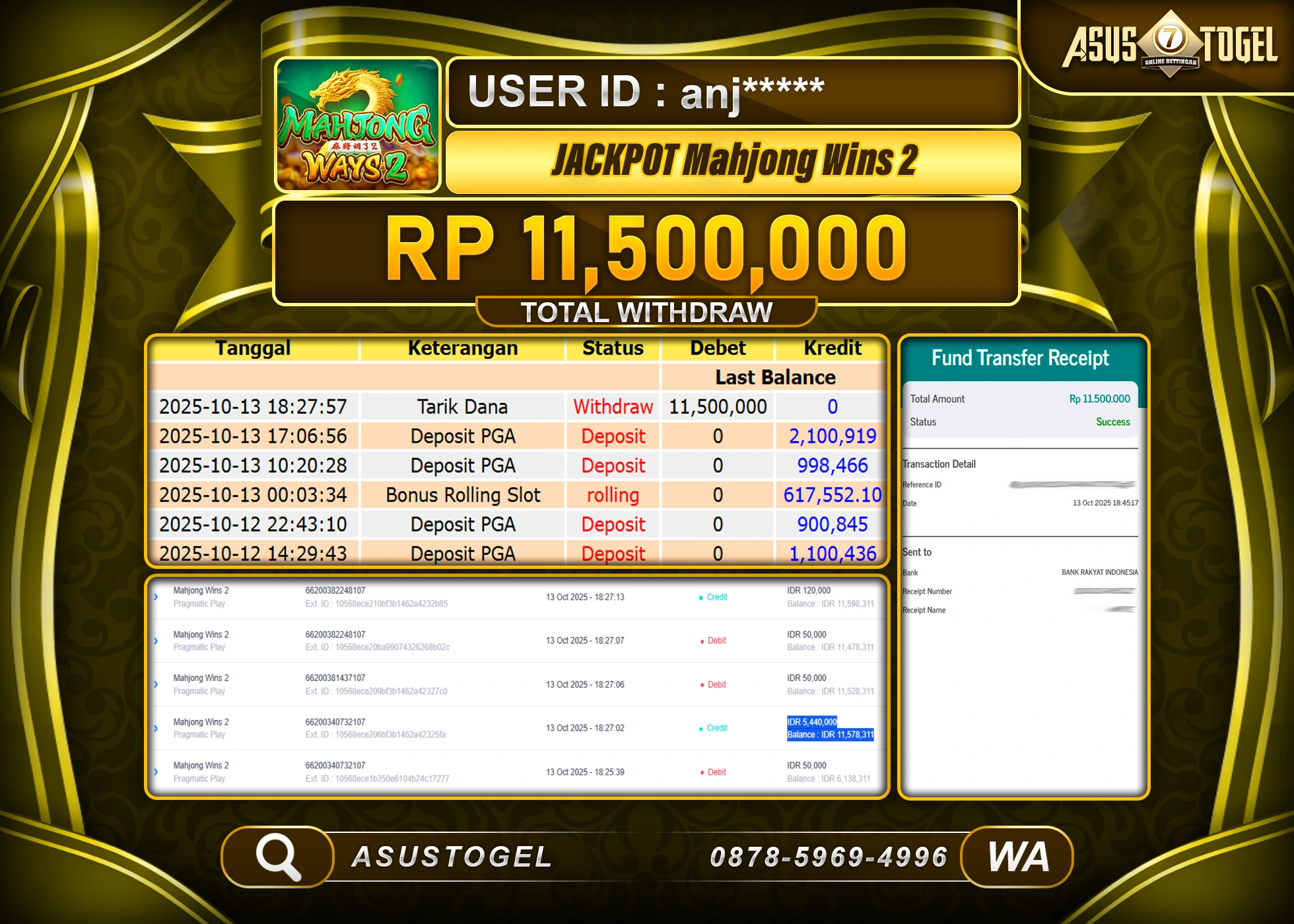ASUSTOGEL KEMENANGAN DI MAHJONG WINS 2 PRAGMATIC PLAY SEBESAR 11,500,000- RUPIAH LUNAS