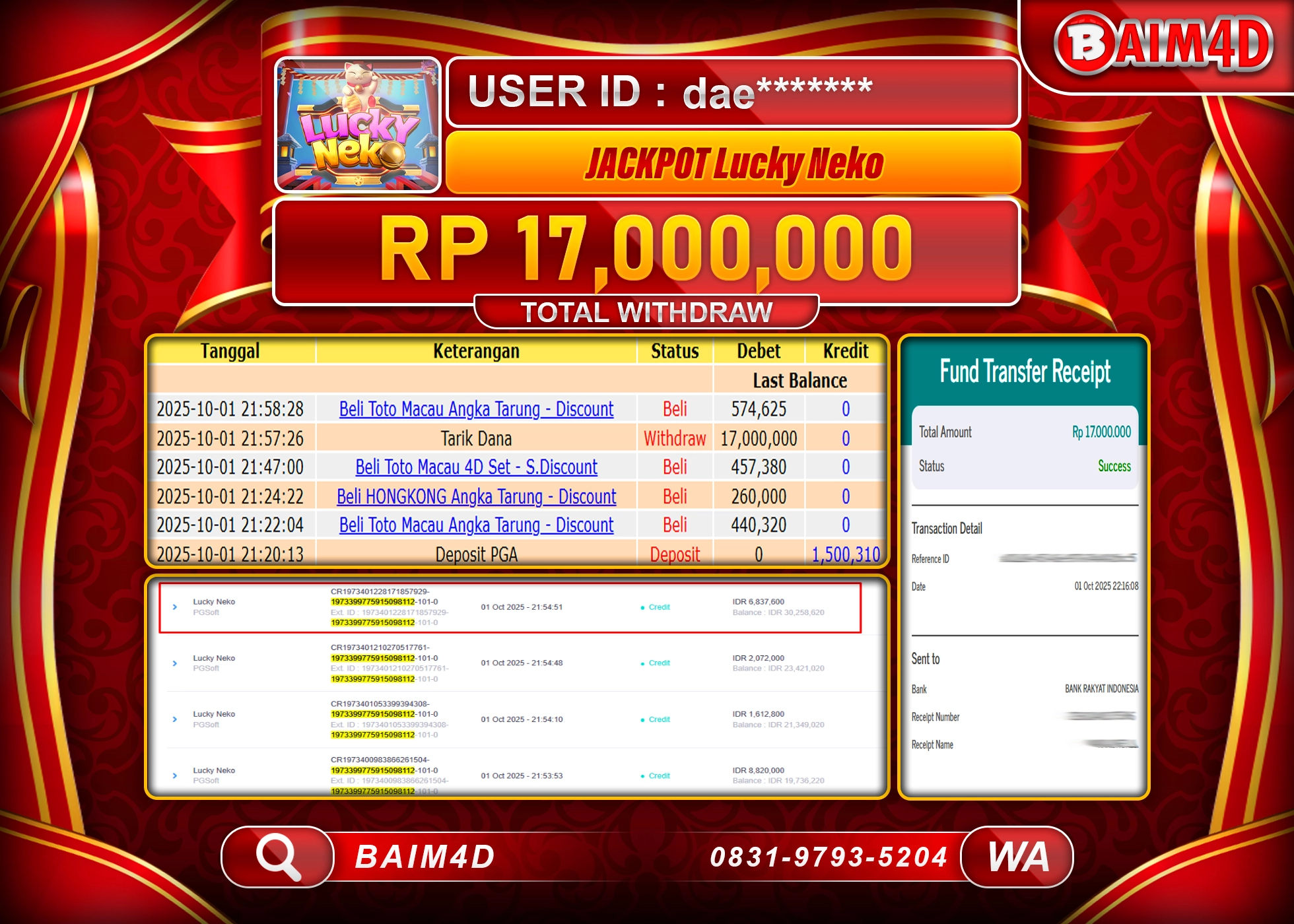 BAIM4D JACKPOT SLOT LUCKY NEKO PG SOFT Rp.17,00,000.- LUNAS