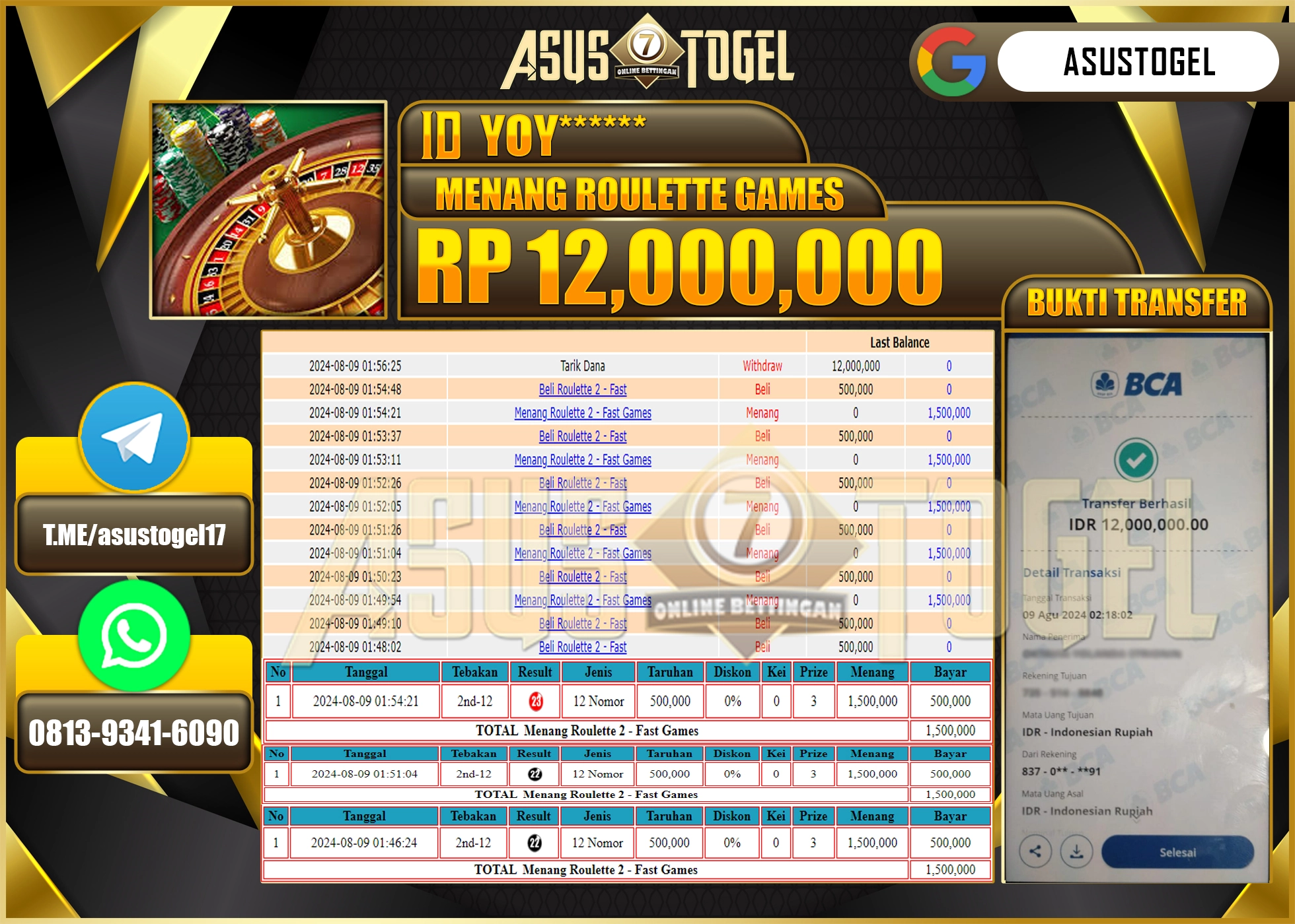 ASUSTOGEL KEMENANGAN DI ROULETTE GAMES  SEBESAR 12,000,000- RUPIAH LUNAS