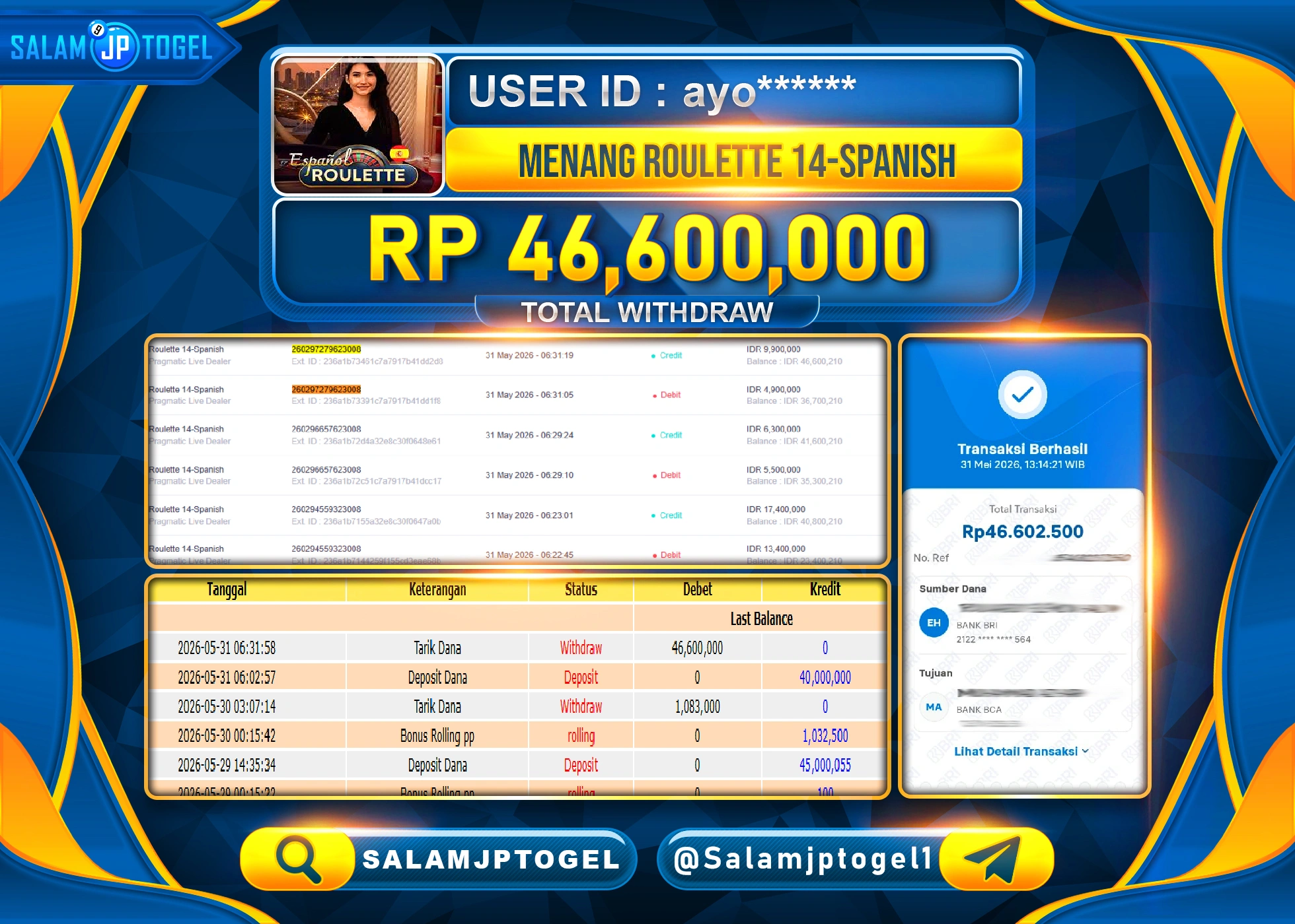 SALAMJPTOGEL JACKPOT MENANG LIVEGAMES ROULETTE 14-SPANISH Rp.46,600,000 - LUNAS
