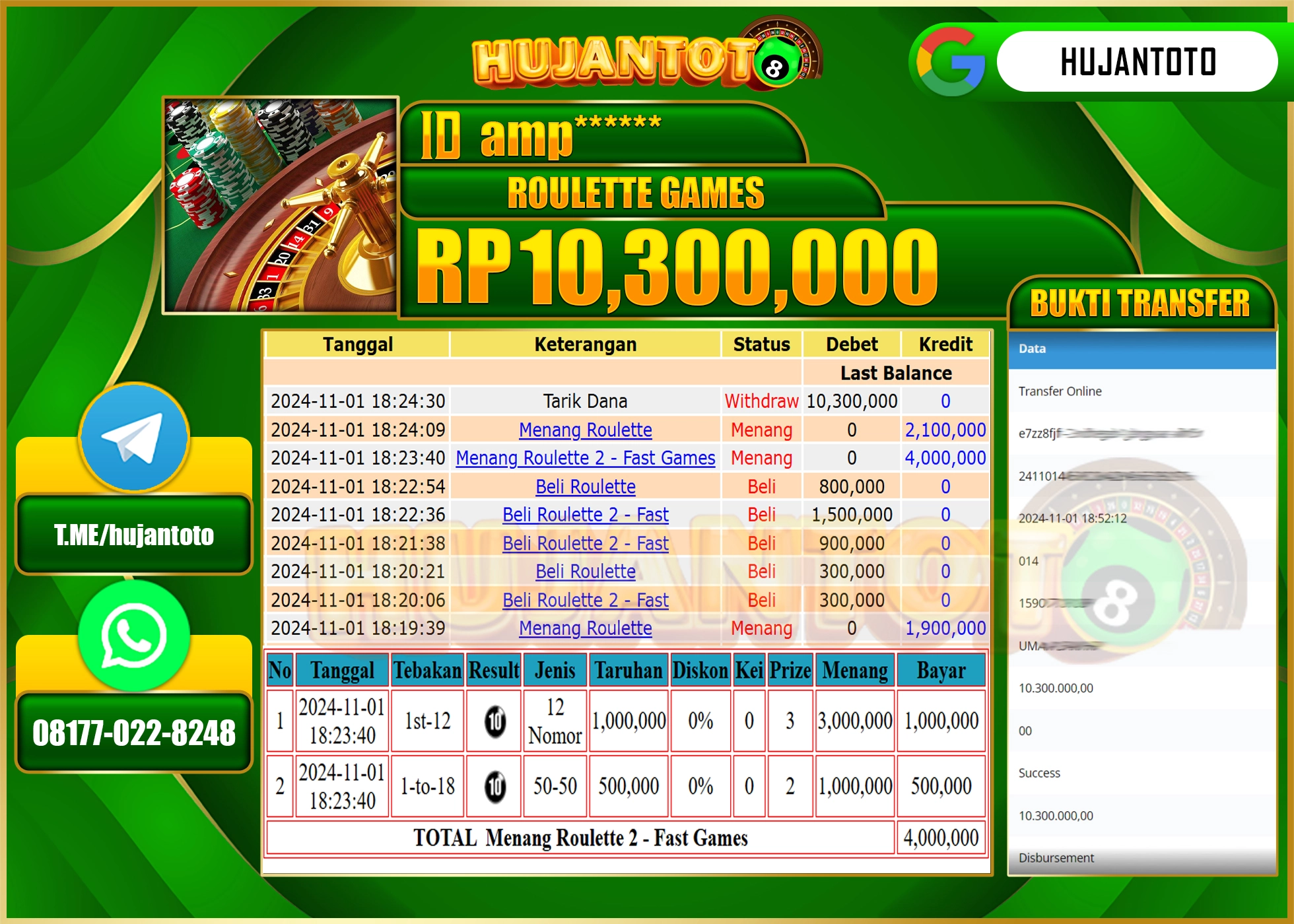 HUJANTOTO MENANG DI PERMAINAN ROULETTE GAMES - 10,300,000 - LUNAS