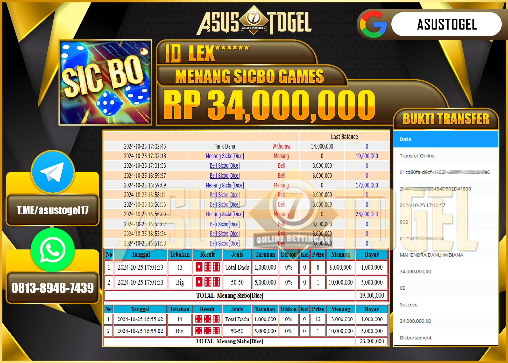 ASUSTOGEL KEMENANGAN DI GAMES SICBO DICE SEBESAR 34,000,000- RUPIAH LUNAS