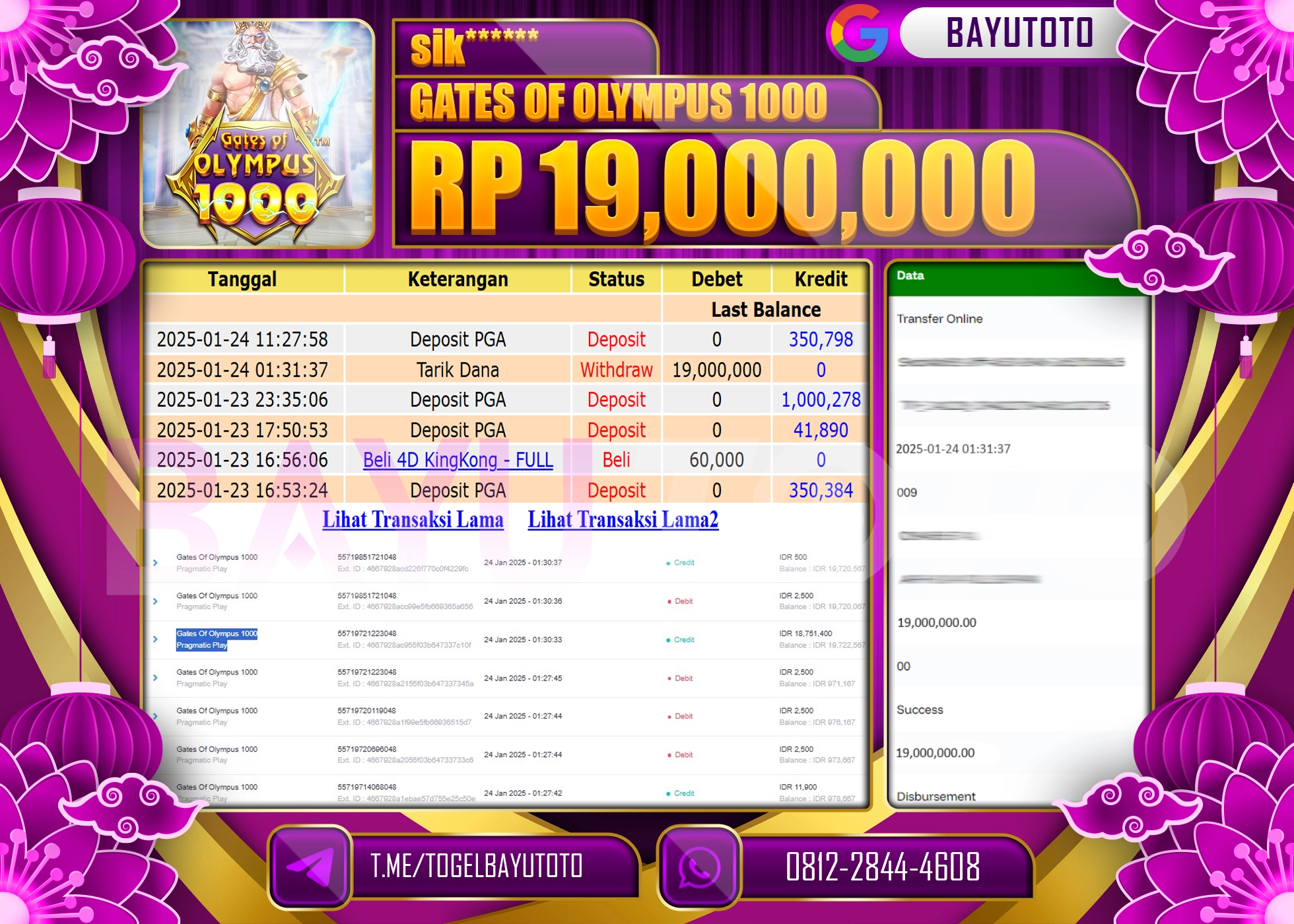 BAYUTOTO JACKPOT DI SLOT GATES OF OLYMPUS 1000  Rp.19.000.000 LUNAS