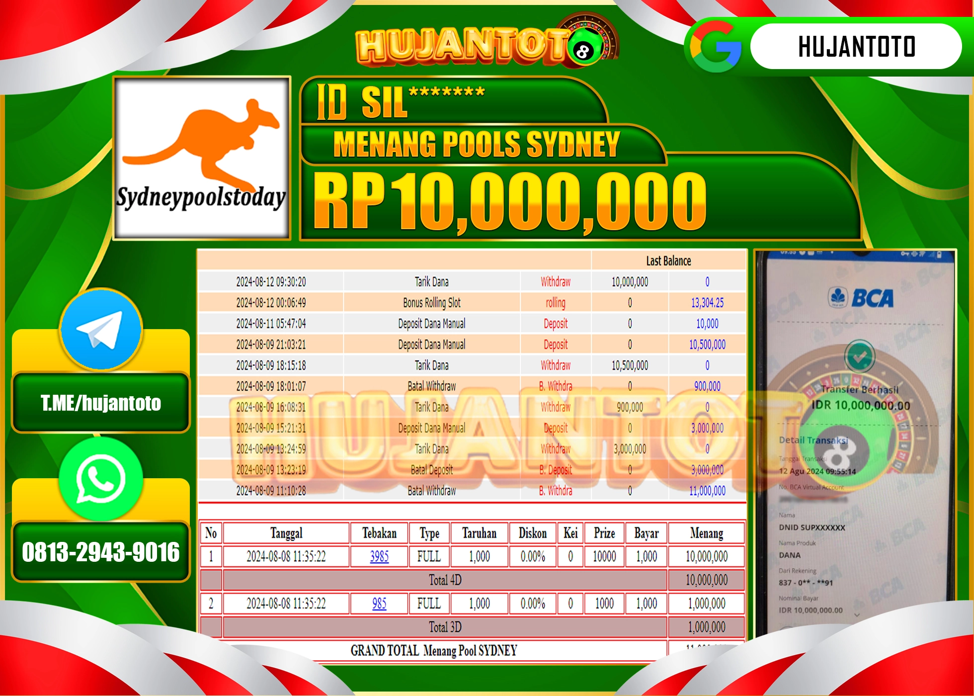 HUJANTOTO MENANG BESAR DI PERMAINAN SYDNEY POOLS, 10.000.000  - LUNAS 