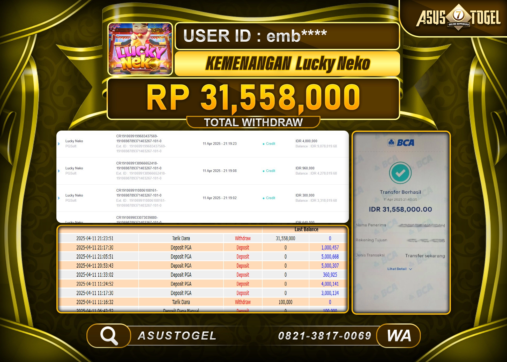 ASUSTOGEL KEMENANGAN DI SLOT LUCKY NEKO SEBESAR 31,558,000- RUPIAH LUNAS