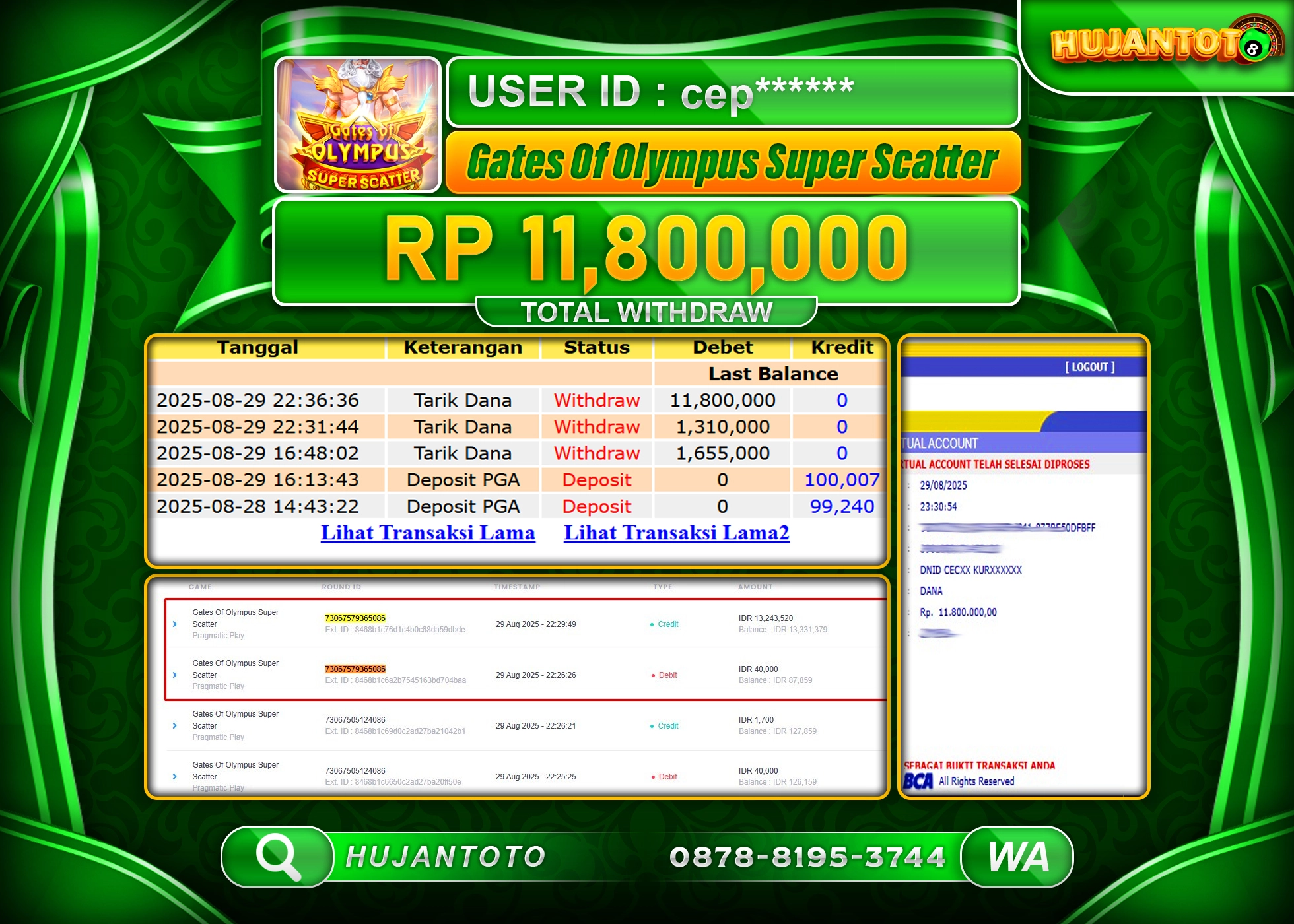 HUJANTOTO - BUKTI JACKPOT GATES OF OLYMPUS SUPER SCATTER  Rp.11,800,000 - TERBAYAR LUNAS