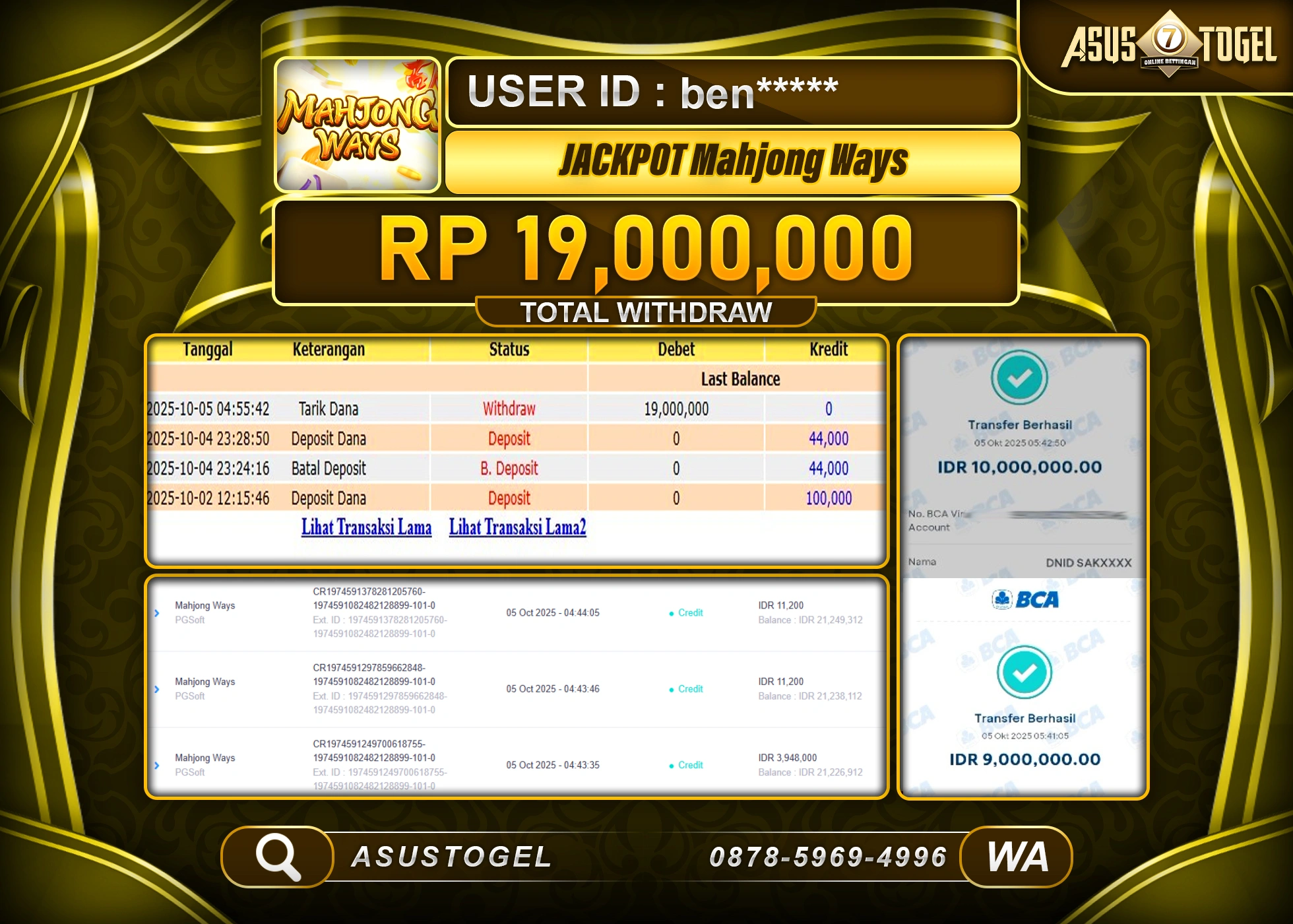 ASUSTOGEL KEMENANGAN DI SLOT MAHJONG WAYS  SEBESAR 19,000,000- RUPIAH LUNAS