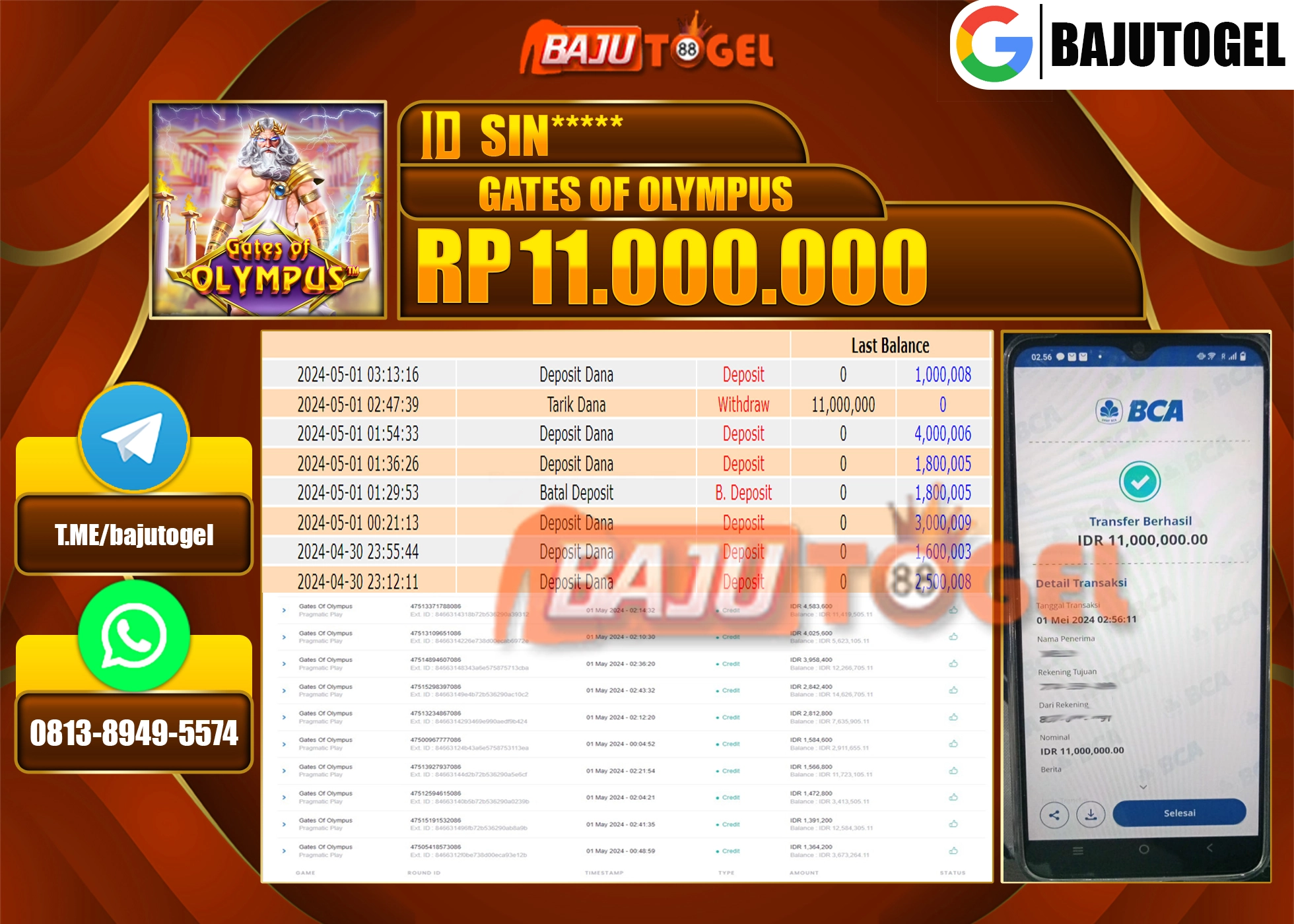 BAJUTOGEL JACKPOT SLOT  GATES OF OLYMPUS Rp.11.000.000 LUNAS