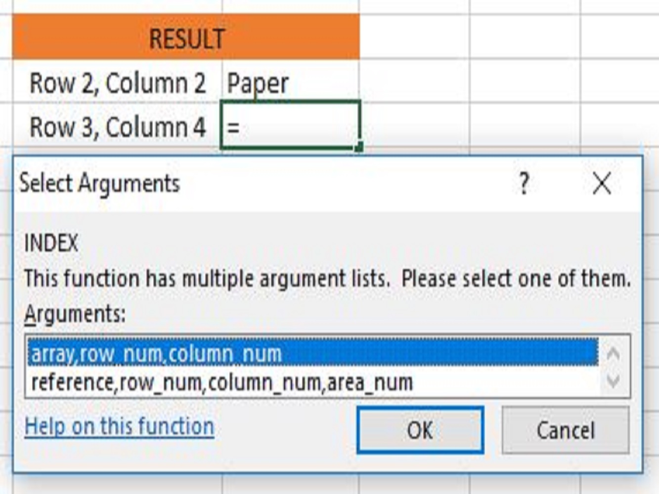 Screenshot of the excel index function select arguments